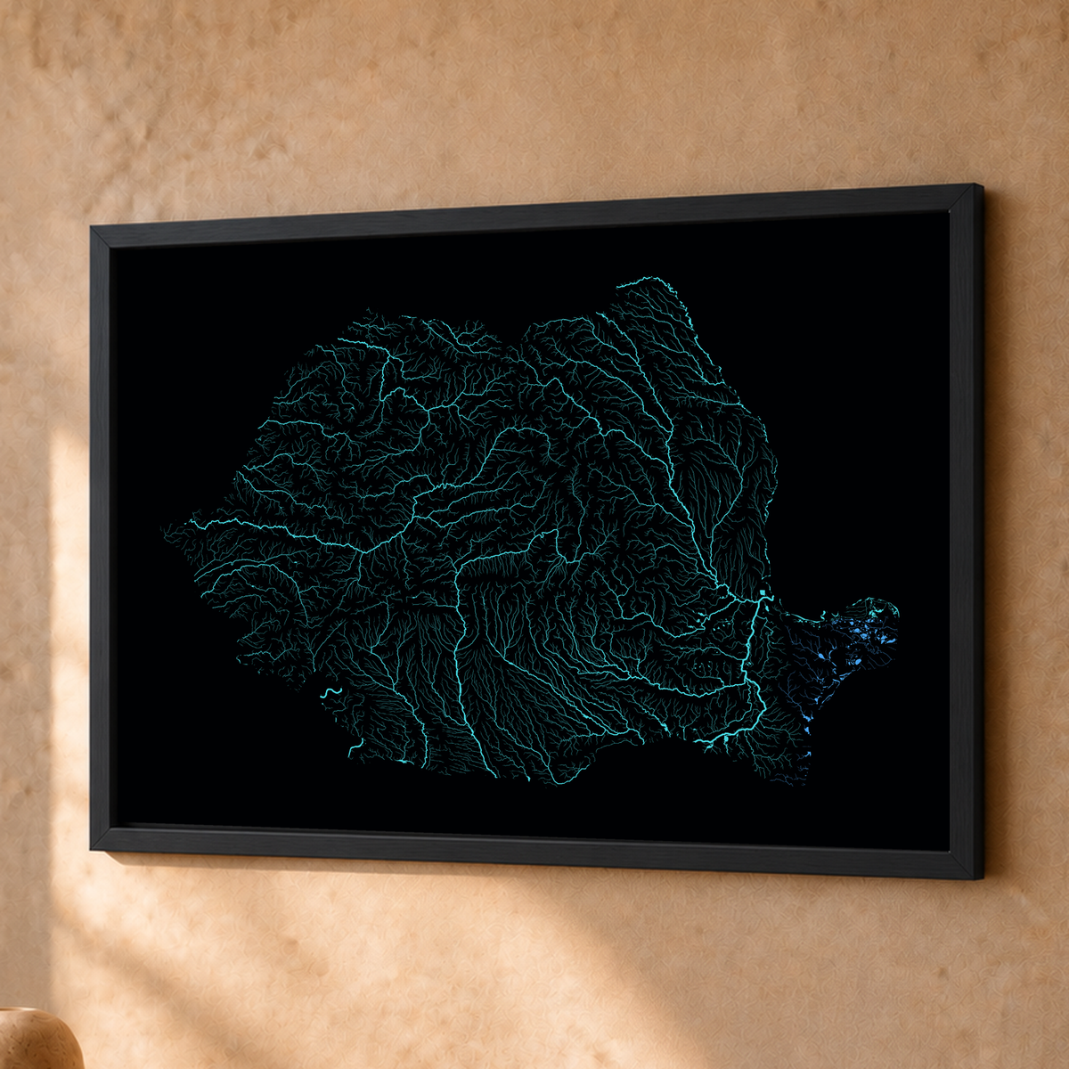 Beautiful Rivers — Roménia — Neon hidrográfico, Fine art emoldurado · 30 × 40 cm, Preto · Sem margem