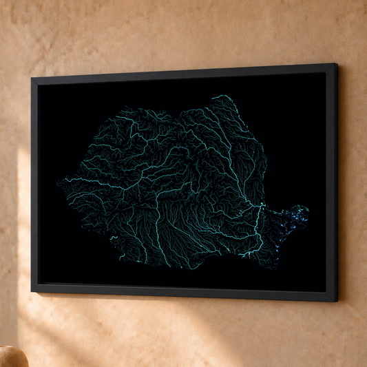 Beautiful Rivers — Roménia — Neon hidrográfico, Fine art emoldurado · 30 × 40 cm, Preto · Sem margem