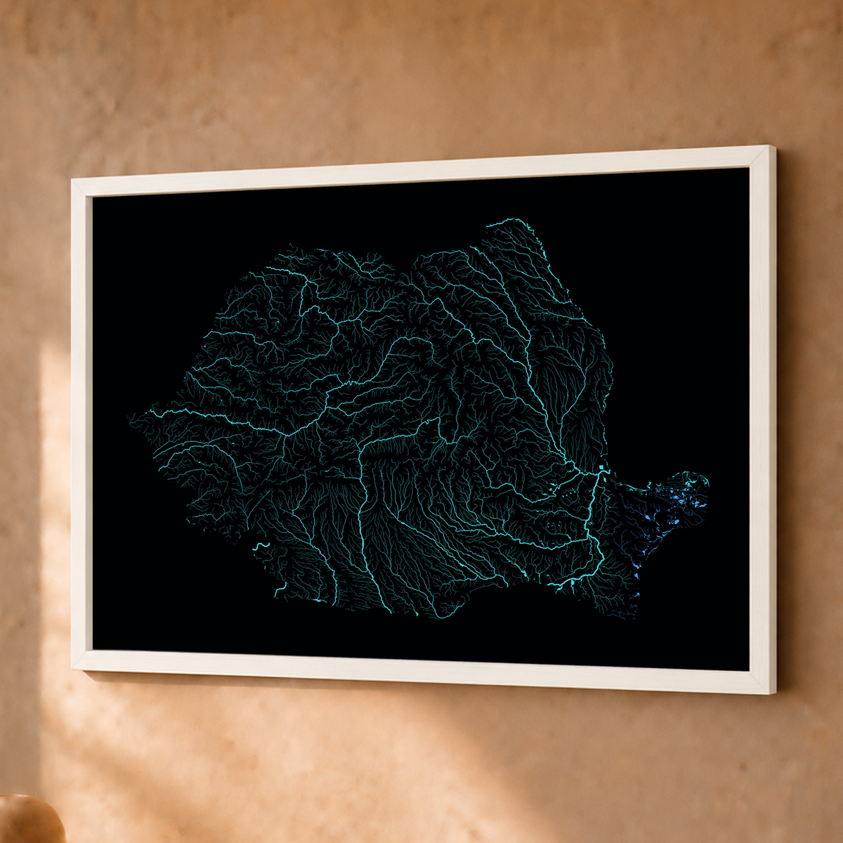 Beautiful Rivers — Roménia — Neon hidrográfico, Fine art emoldurado · 30 × 40 cm, Branco · Sem margem