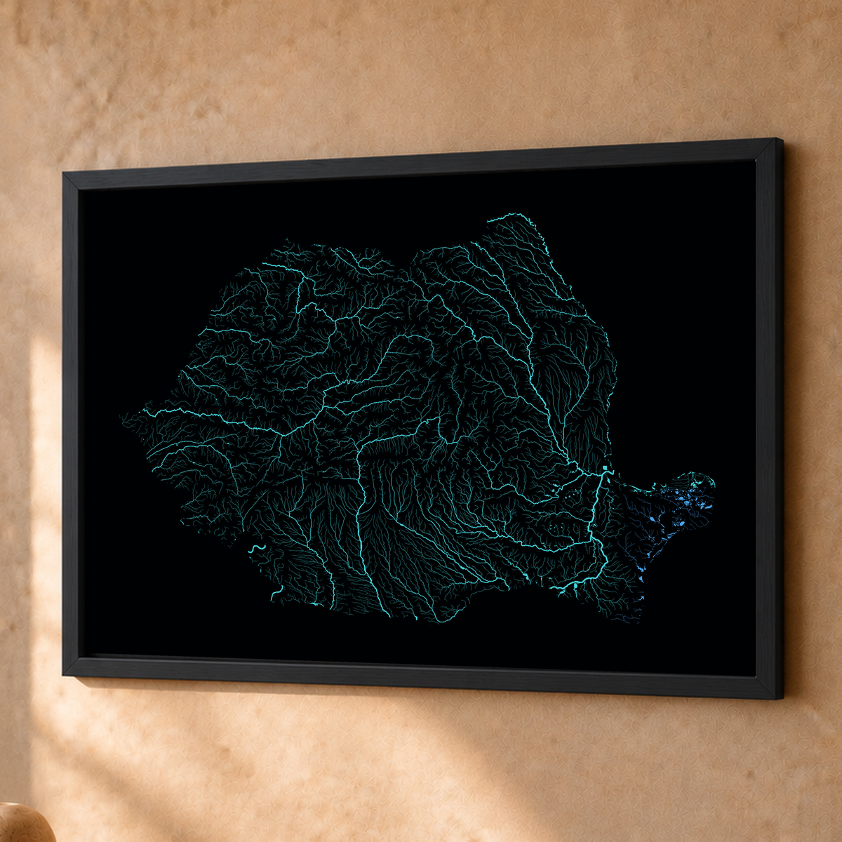 Beautiful Rivers — Roménia — Neon hidrográfico, Fine art emoldurado · 45 × 60 cm, Preto · Sem margem