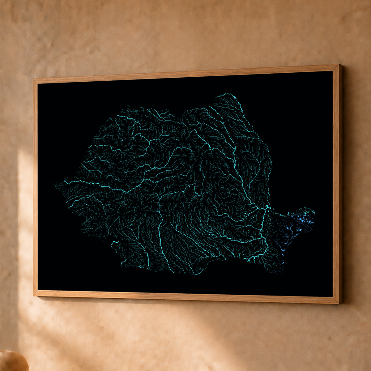 Beautiful Rivers — Roménia — Neon hidrográfico, Fine art emoldurado · 45 × 60 cm, Natural · Sem margem
