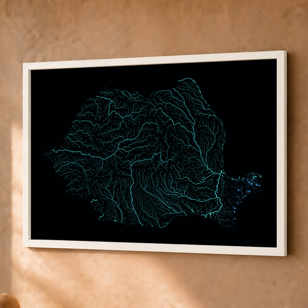 Beautiful Rivers — Roménia — Neon hidrográfico, Fine art emoldurado · 45 × 60 cm, Branco · Sem margem