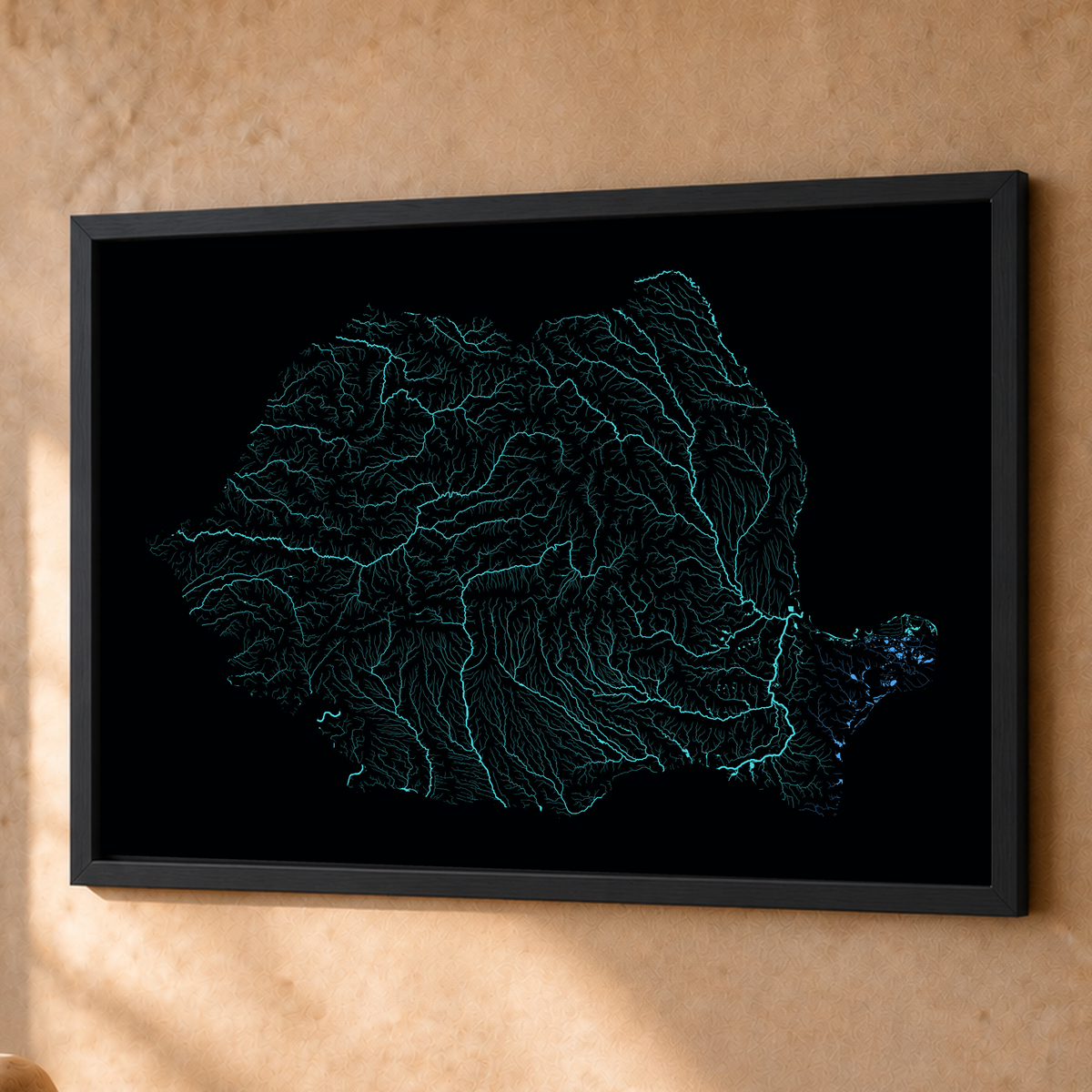 Beautiful Rivers — Roménia — Neon hidrográfico, Fine art emoldurado · 60 × 80 cm, Preto · Sem margem