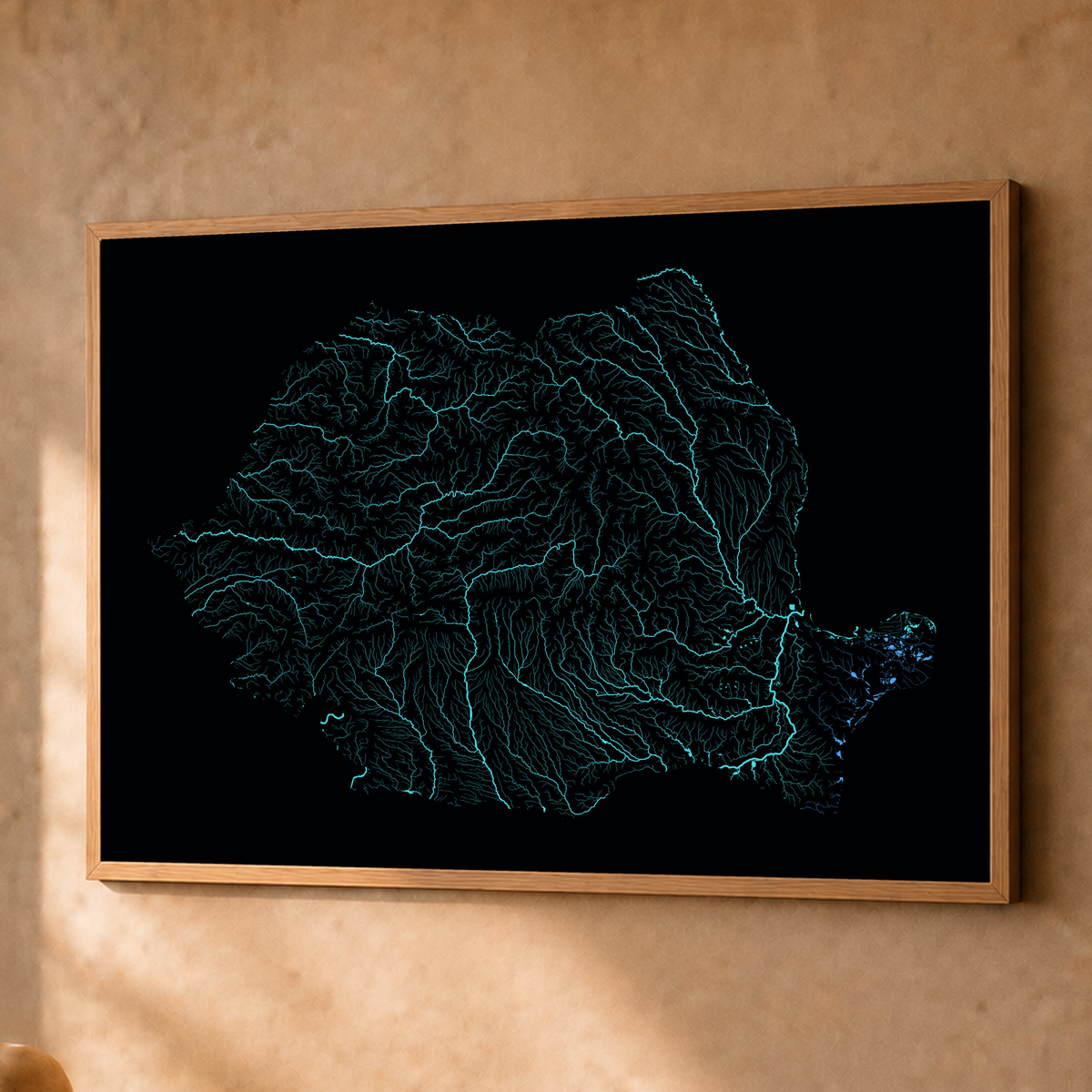 Beautiful Rivers — Roménia — Neon hidrográfico, Fine art emoldurado · 60 × 80 cm, Natural · Sem margem