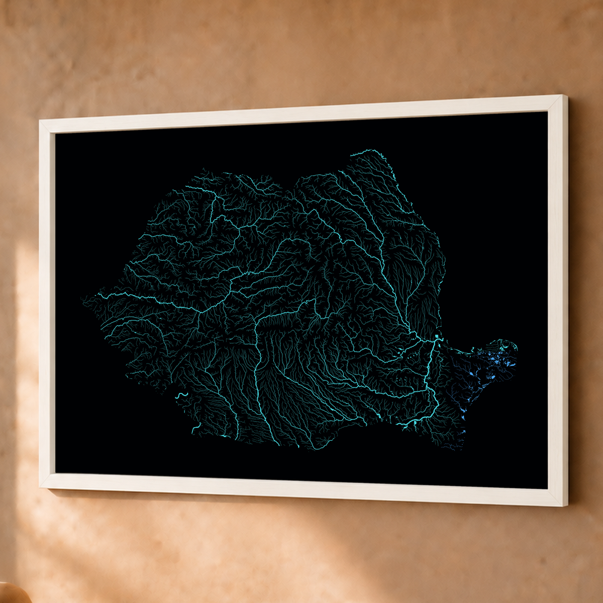 Beautiful Rivers — Roménia — Neon hidrográfico, Fine art emoldurado · 60 × 80 cm, Branco · Sem margem
