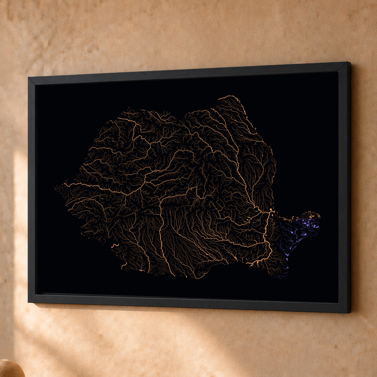 Beautiful Rivers — Roménia — Neon por território, Fine art emoldurado · 45 × 60 cm, Preto · Sem margem
