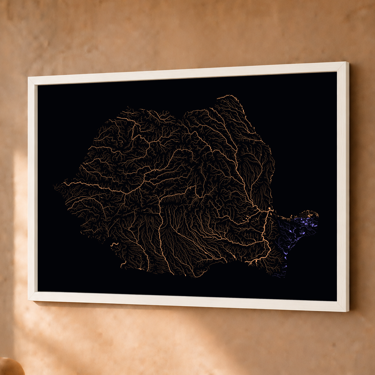 Beautiful Rivers — Roménia — Neon por território, Fine art emoldurado · 45 × 60 cm, Branco · Sem margem