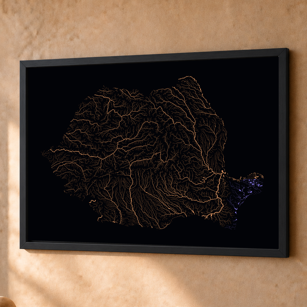 Beautiful Rivers — Roménia — Neon por território, Fine art emoldurado · 60 × 80 cm, Preto · Sem margem