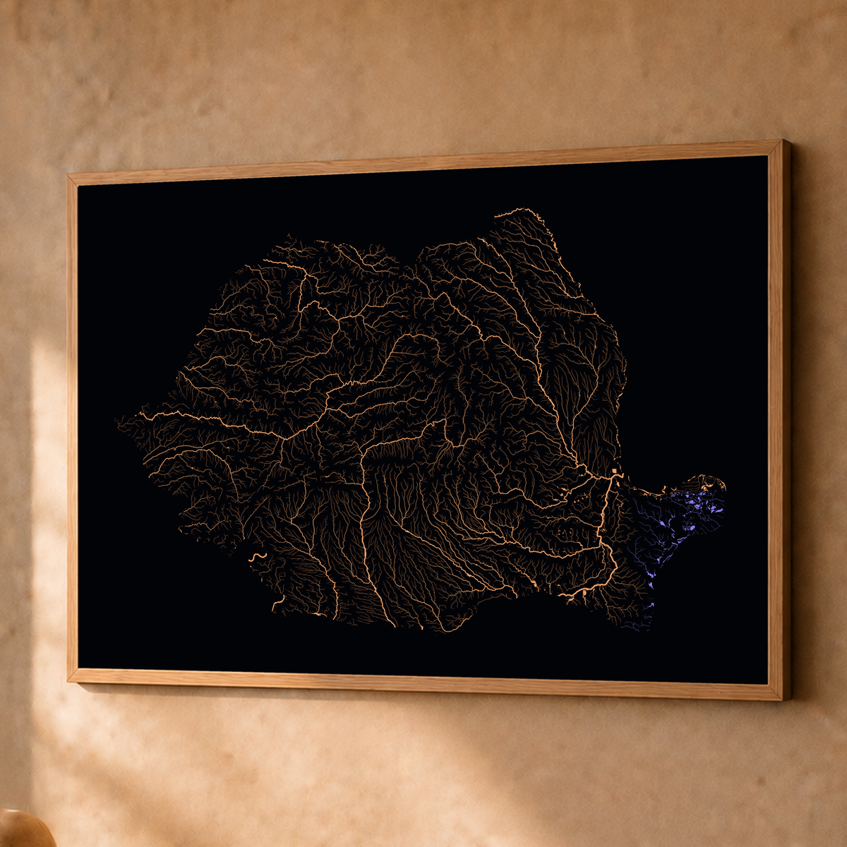 Beautiful Rivers — Roménia — Neon por território, Fine art emoldurado · 60 × 80 cm, Natural · Sem margem