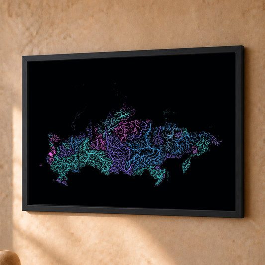 Beautiful Rivers — Rússia — Neon hidrográfico, Fine art emoldurado · 30 × 40 cm, Preto · Sem margem
