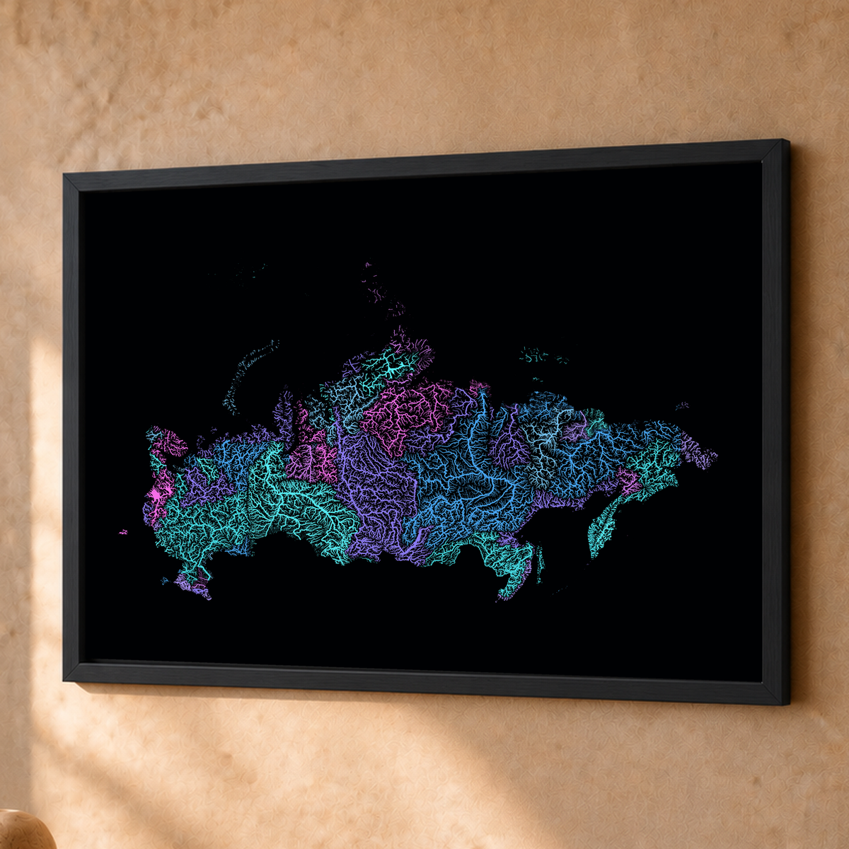 Beautiful Rivers — Rússia — Neon hidrográfico, Fine art emoldurado · 45 × 60 cm, Preto · Sem margem
