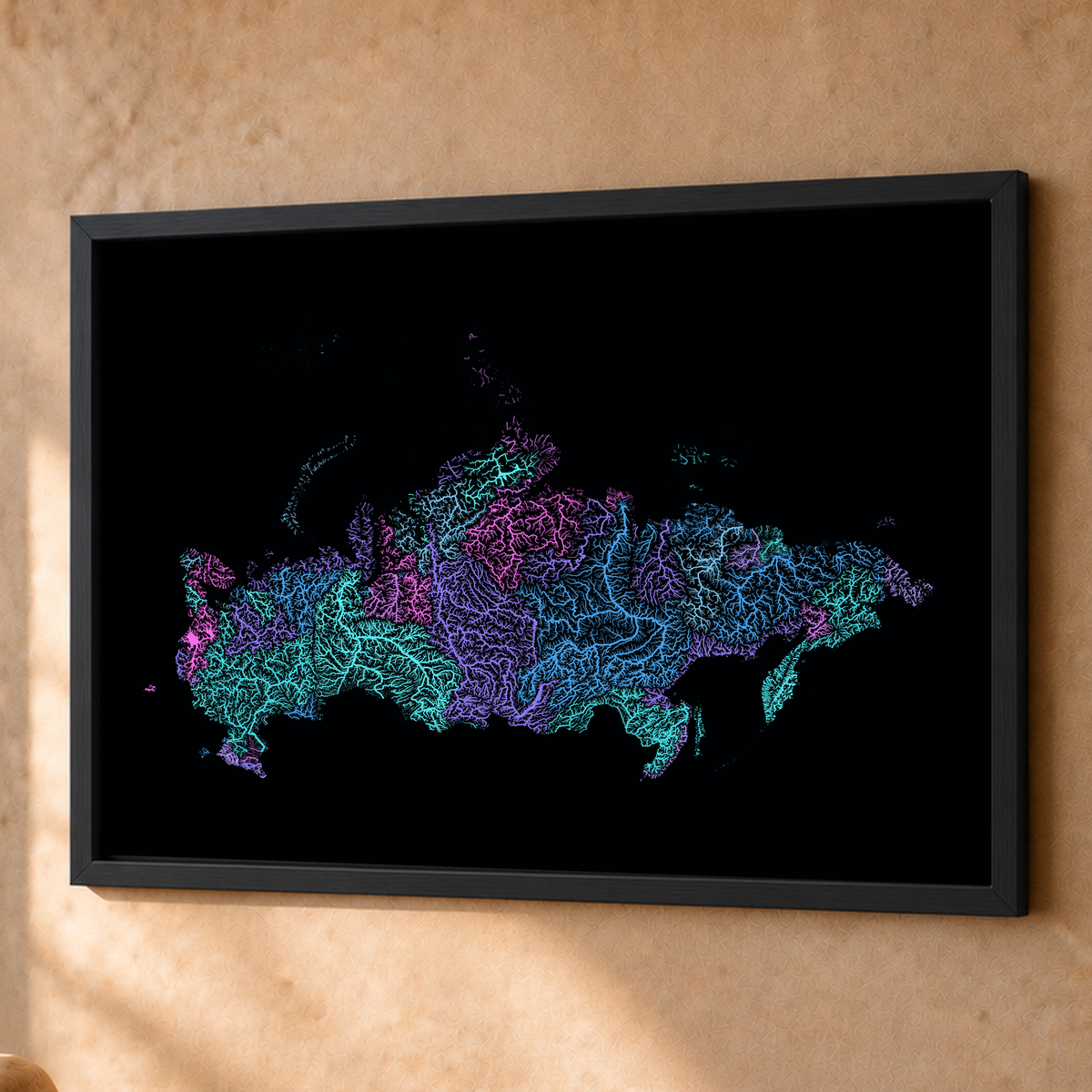 Beautiful Rivers — Rússia — Neon hidrográfico, Fine art emoldurado · 60 × 80 cm, Preto · Sem margem