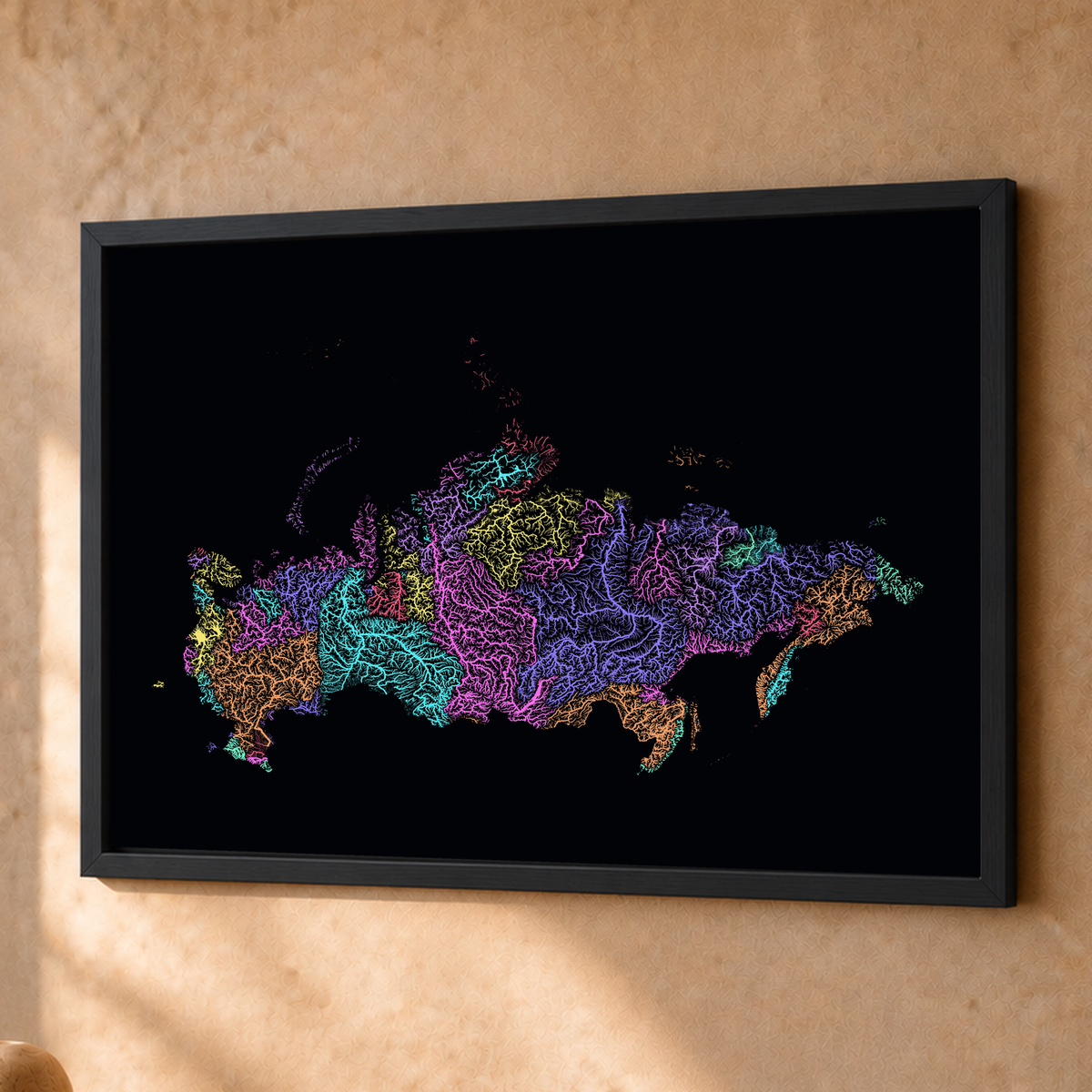 Beautiful Rivers — Rússia — Neon por território, Fine art emoldurado · 45 × 60 cm, Preto · Sem margem