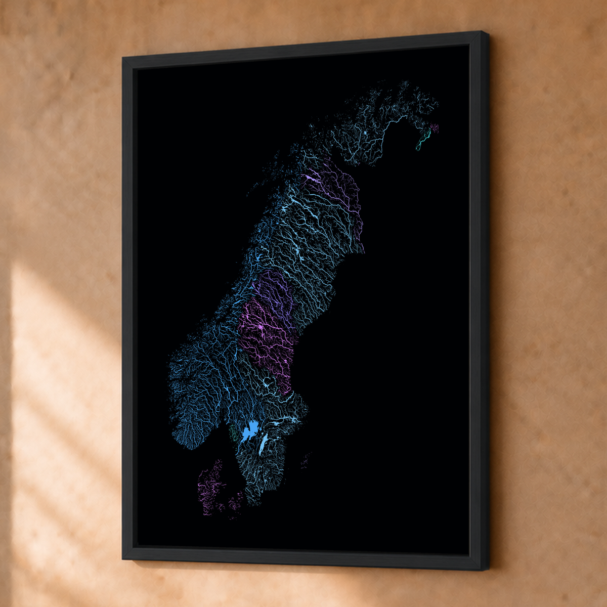 Beautiful Rivers — Escandinávia — Neon hidrográfico, Fine art emoldurado · 30 × 40 cm, Preto · Sem margem