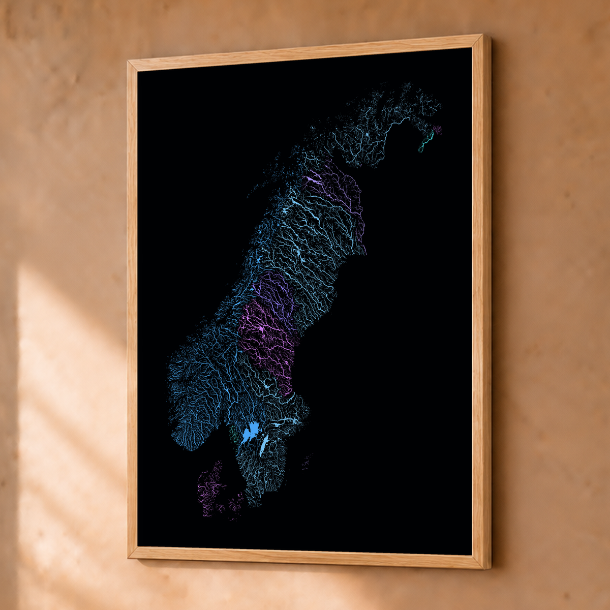 Beautiful Rivers — Escandinávia — Neon hidrográfico, Fine art emoldurado · 30 × 40 cm, Natural · Sem margem