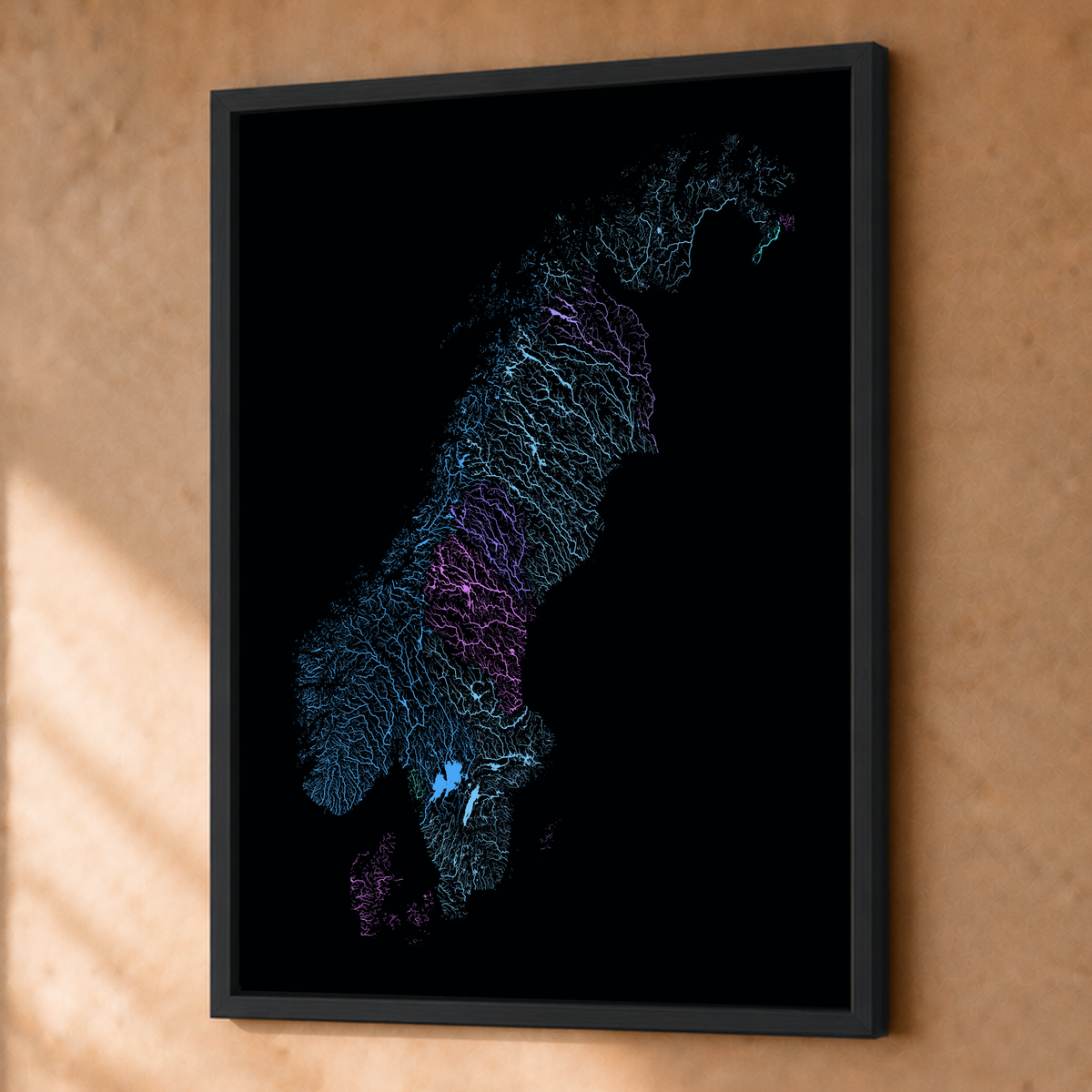 Beautiful Rivers — Escandinávia — Neon hidrográfico, Fine art emoldurado · 45 × 60 cm, Preto · Sem margem