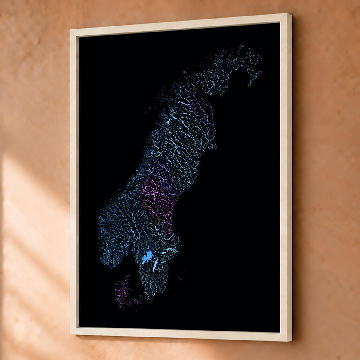 Beautiful Rivers — Escandinávia — Neon hidrográfico, Fine art emoldurado · 45 × 60 cm, Branco · Sem margem