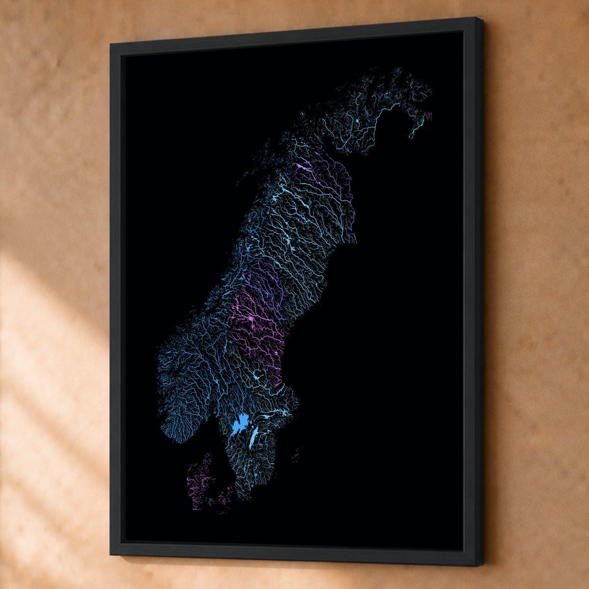 Beautiful Rivers — Escandinávia — Neon hidrográfico, Fine art emoldurado · 60 × 80 cm, Preto · Sem margem