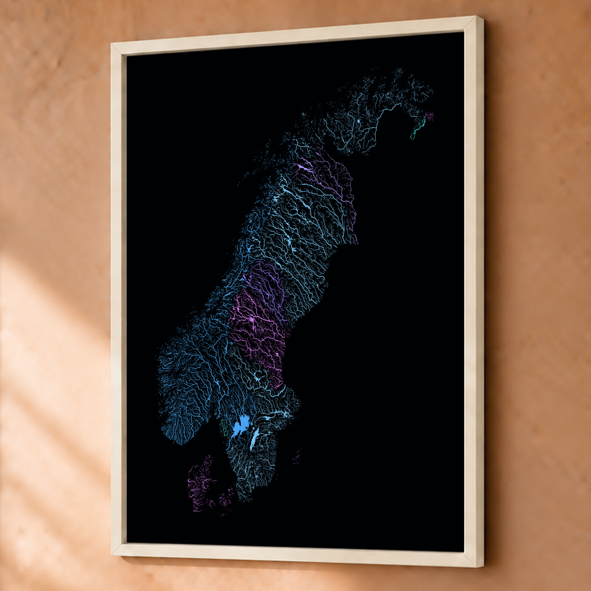 Beautiful Rivers — Escandinávia — Neon hidrográfico, Fine art emoldurado · 60 × 80 cm, Branco · Sem margem