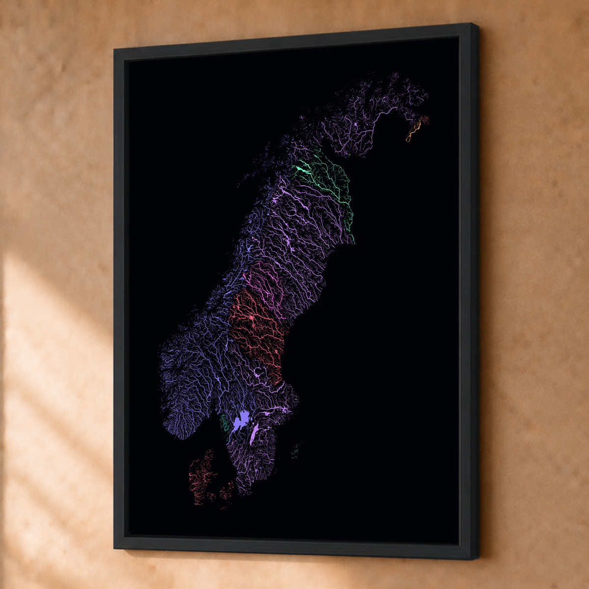 Beautiful Rivers — Escandinávia — Neon por território, Fine art emoldurado · 45 × 60 cm, Preto · Sem margem