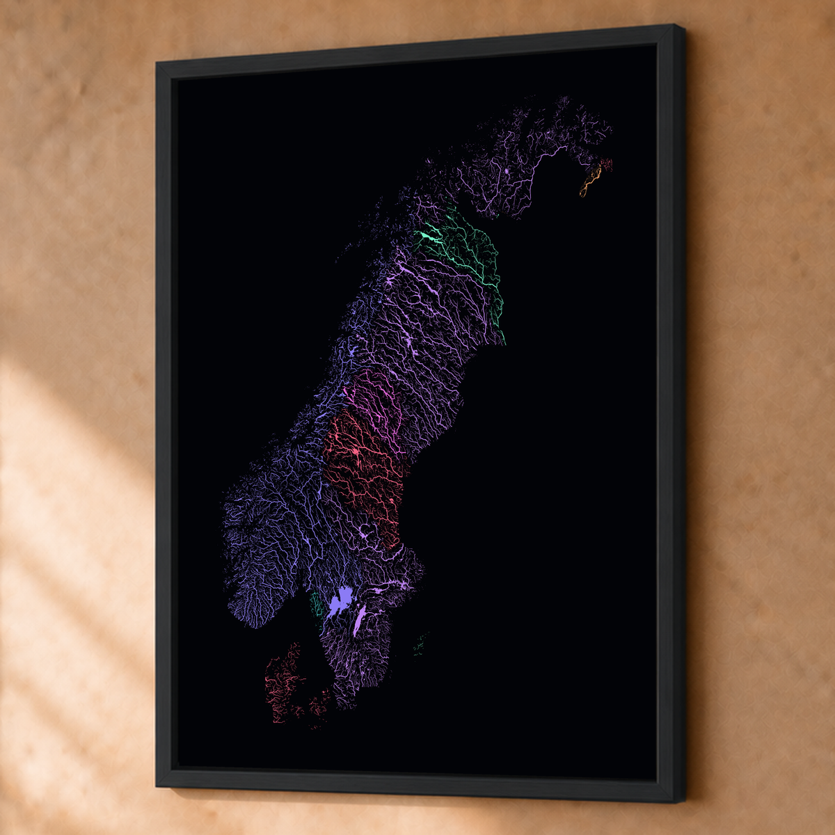 Beautiful Rivers — Escandinávia — Neon por território, Fine art emoldurado · 60 × 80 cm, Preto · Sem margem