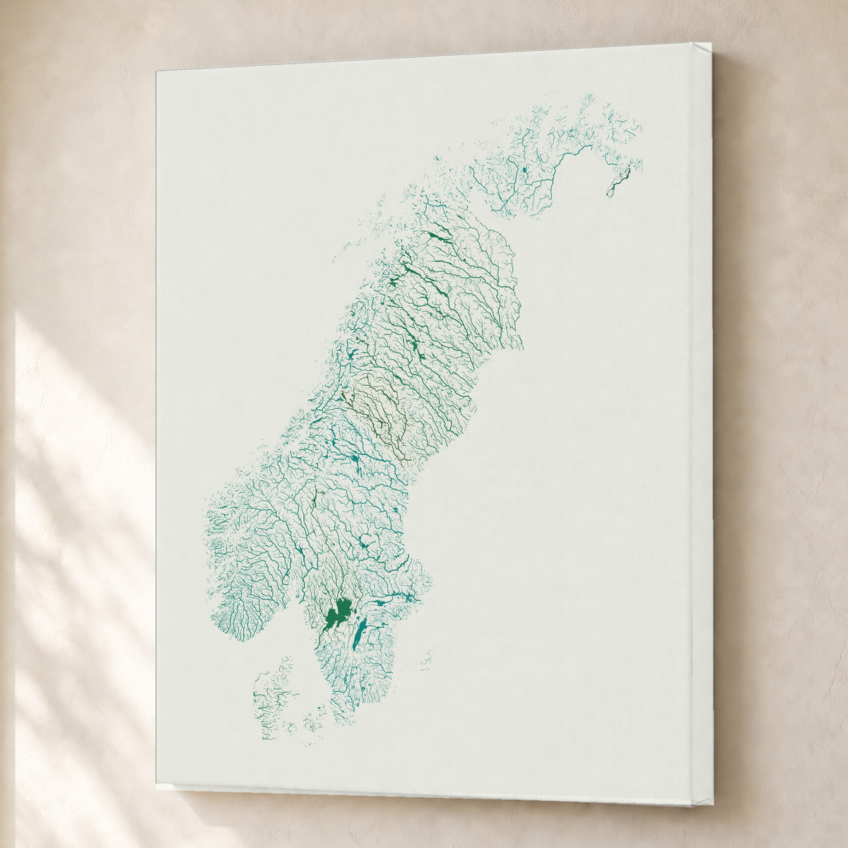 Beautiful Rivers — Escandinávia — Verde jade e porcelana, Canvas · 45 × 60 cm, Sem margem