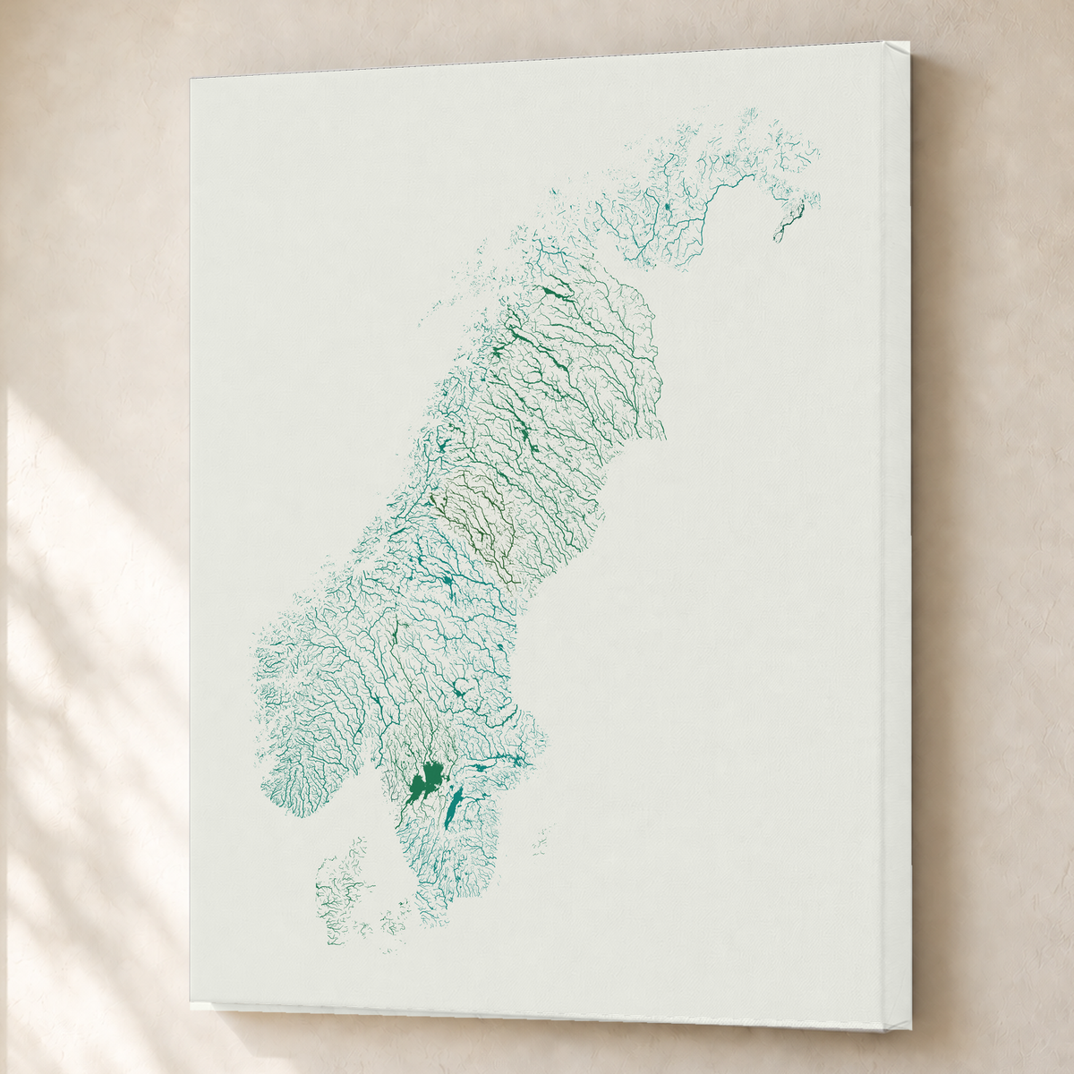 Beautiful Rivers — Escandinávia — Verde jade e porcelana, Canvas · 60 × 80 cm, Sem margem