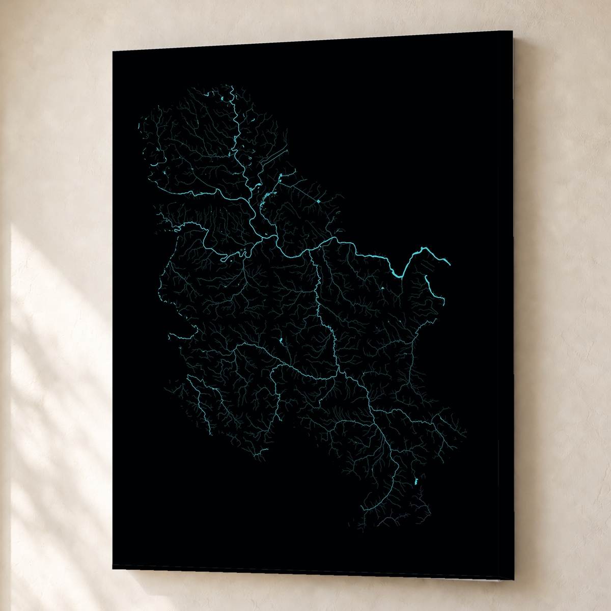 Beautiful Rivers — Sérvia — Neon hidrográfico, Canvas · 45 × 60 cm, Sem margem