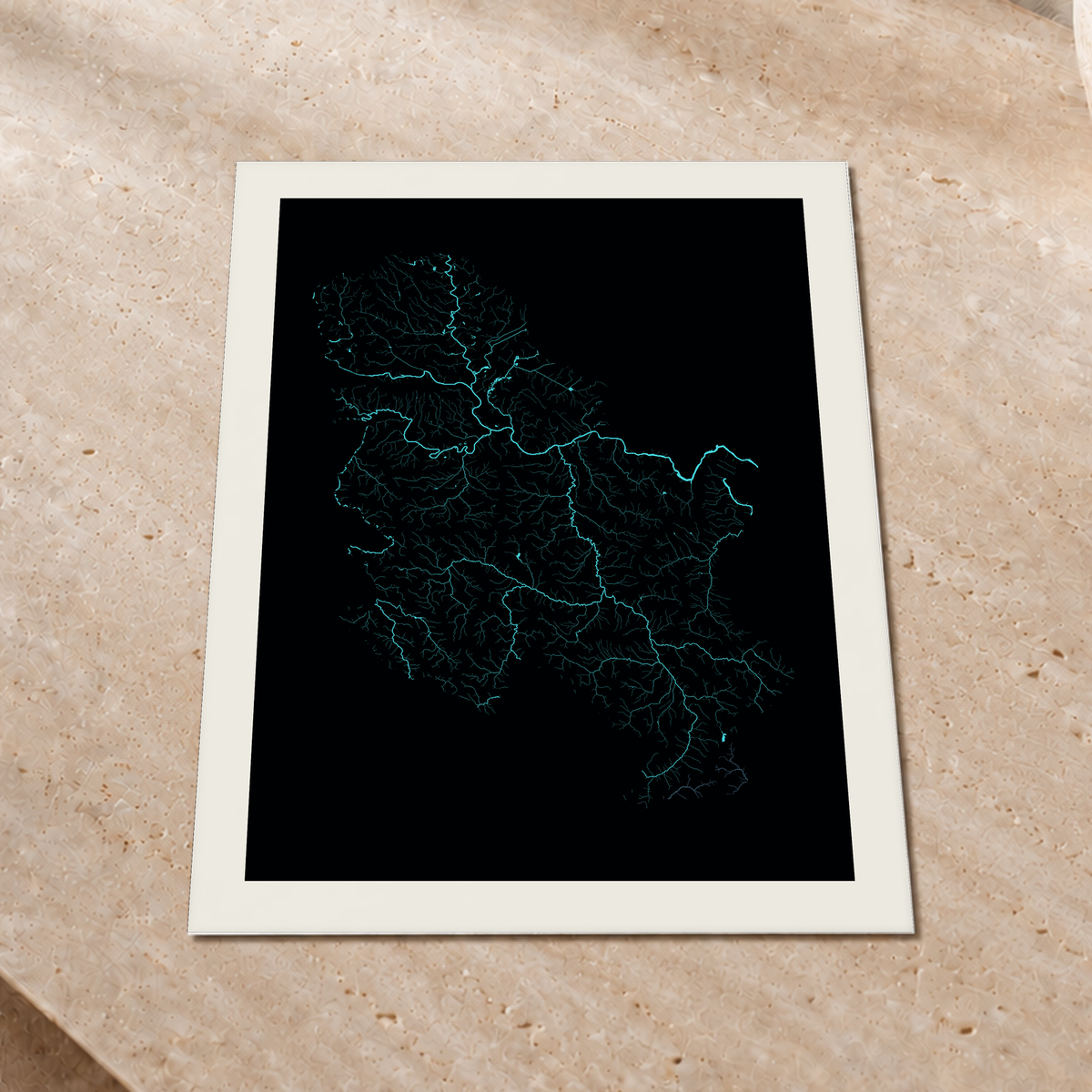 Beautiful Rivers — Sérvia — Neon hidrográfico, Impressão fine art · 45 × 60 cm, Margem branca