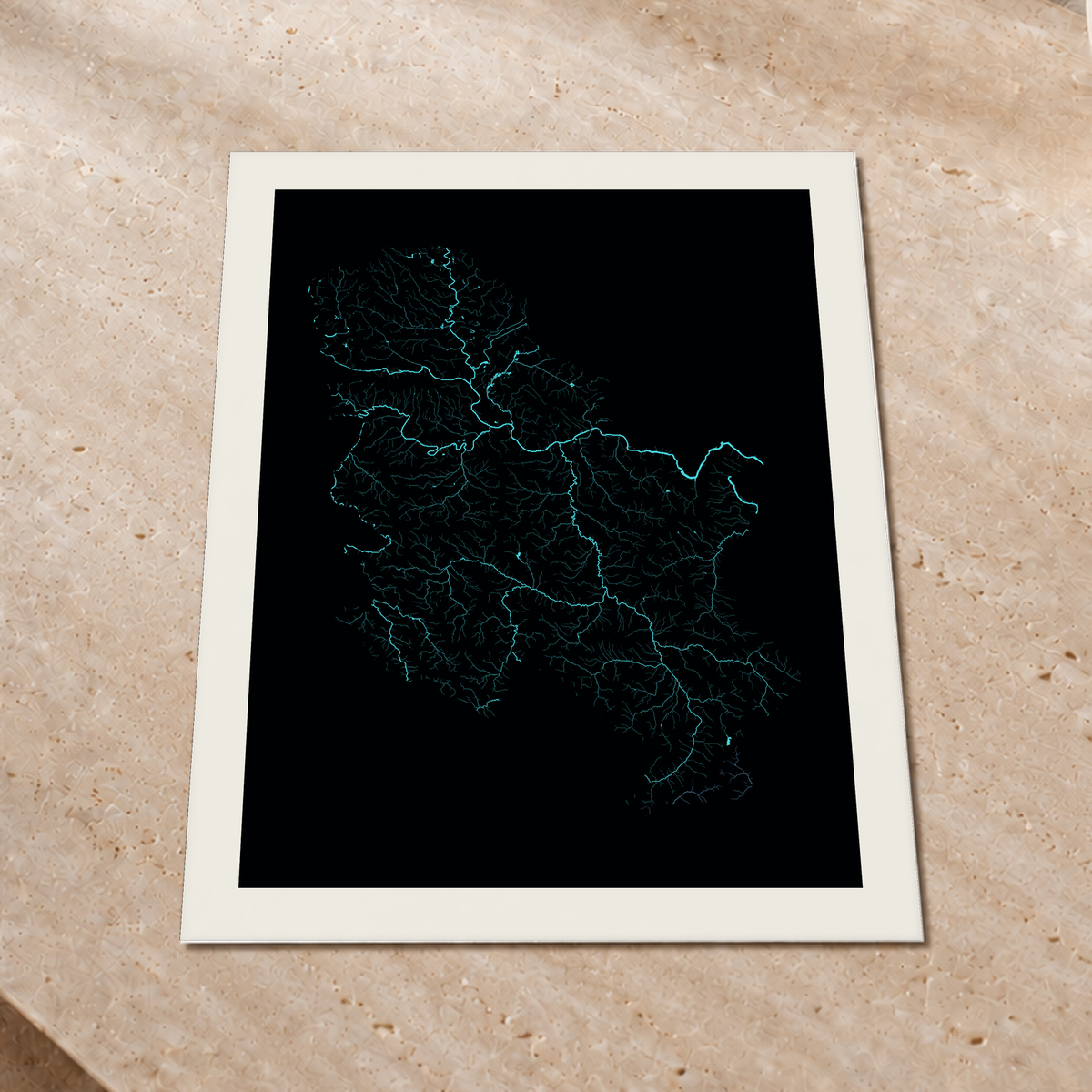 Beautiful Rivers — Sérvia — Neon hidrográfico, Impressão fine art · 60 × 80 cm, Margem branca