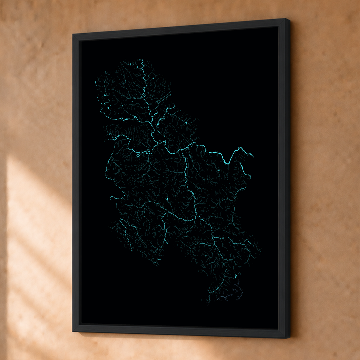 Beautiful Rivers — Sérvia — Neon hidrográfico, Fine art emoldurado · 30 × 40 cm, Preto · Sem margem
