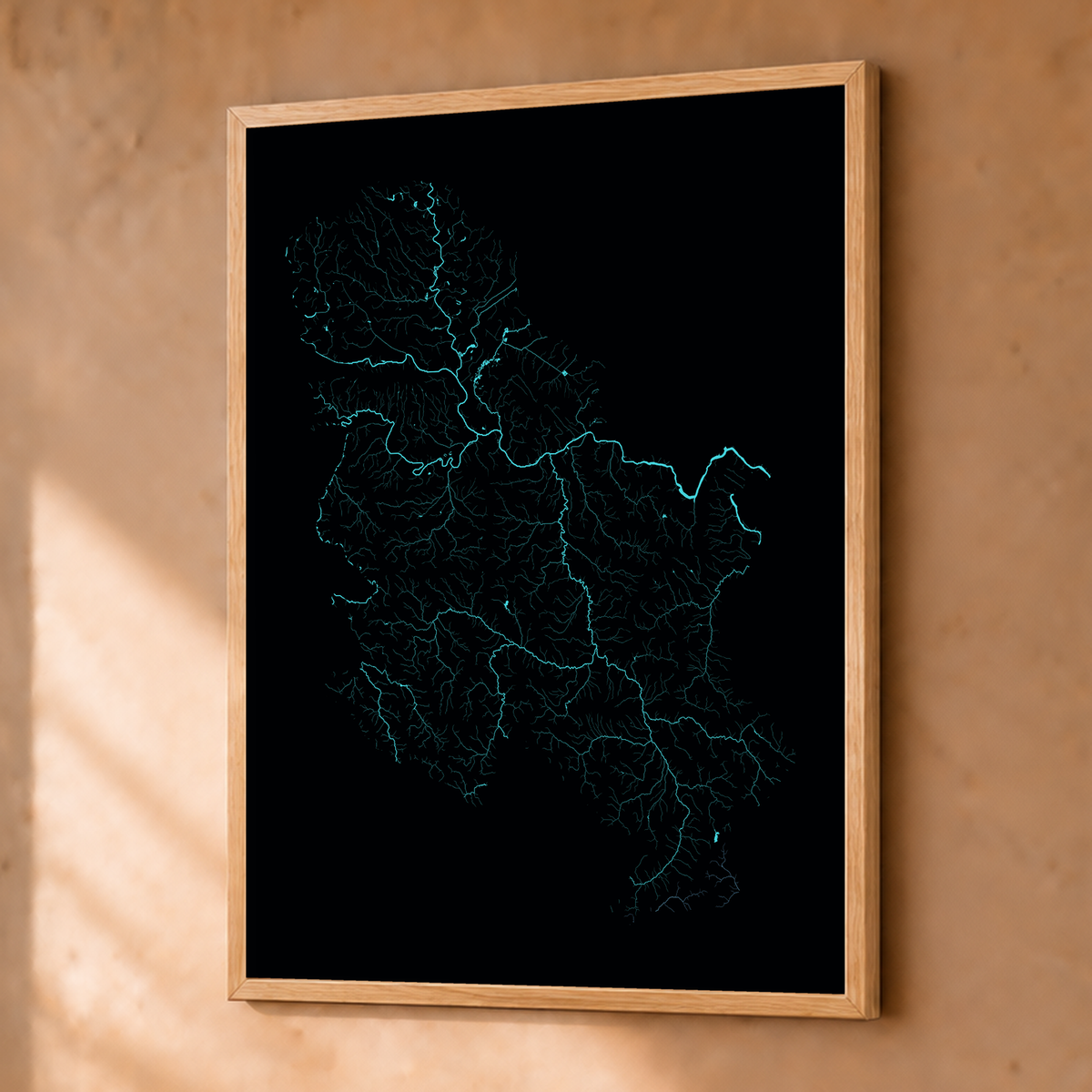 Beautiful Rivers — Sérvia — Neon hidrográfico, Fine art emoldurado · 30 × 40 cm, Natural · Sem margem