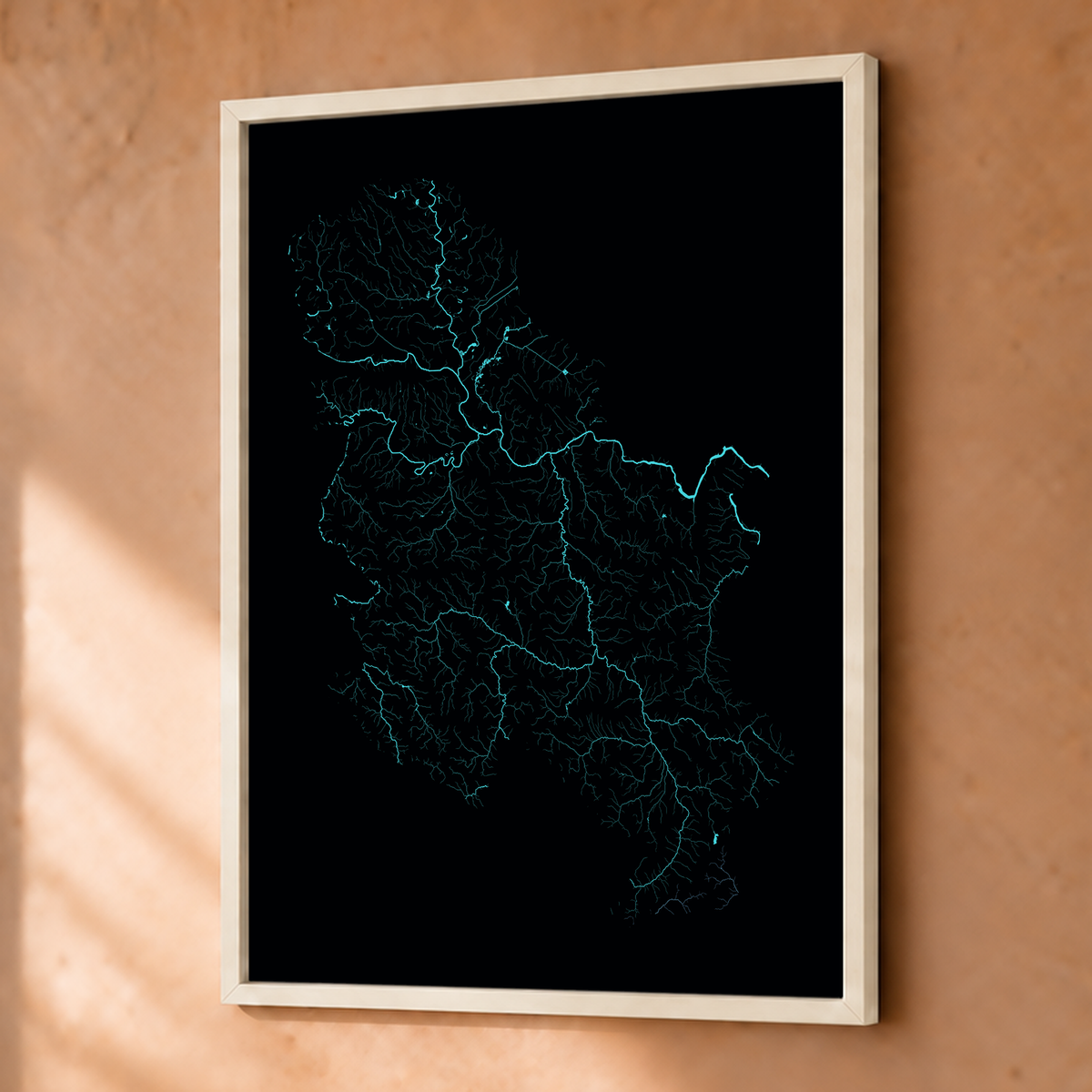 Beautiful Rivers — Sérvia — Neon hidrográfico, Fine art emoldurado · 30 × 40 cm, Branco · Sem margem