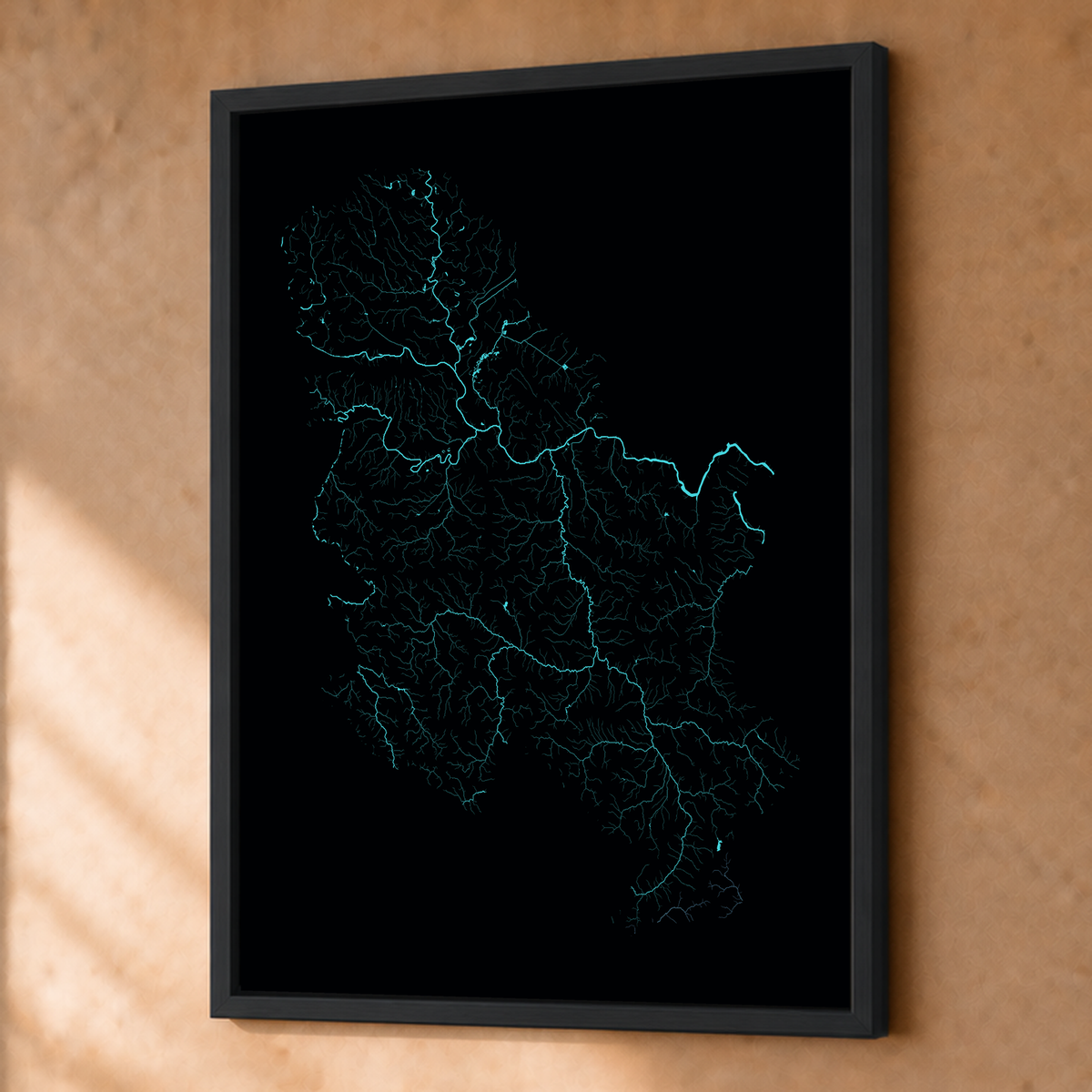 Beautiful Rivers — Sérvia — Neon hidrográfico, Fine art emoldurado · 45 × 60 cm, Preto · Sem margem