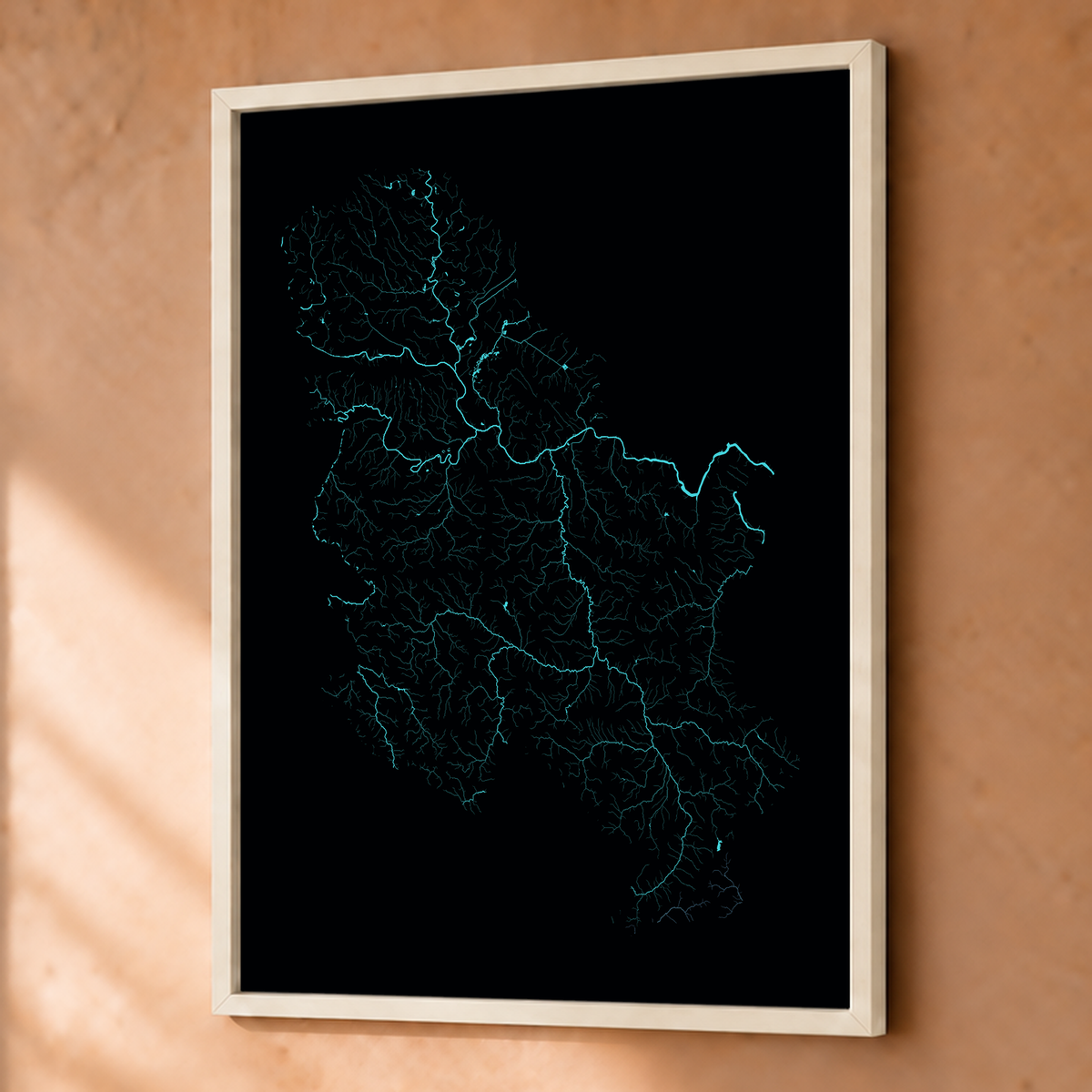 Beautiful Rivers — Sérvia — Neon hidrográfico, Fine art emoldurado · 45 × 60 cm, Branco · Sem margem