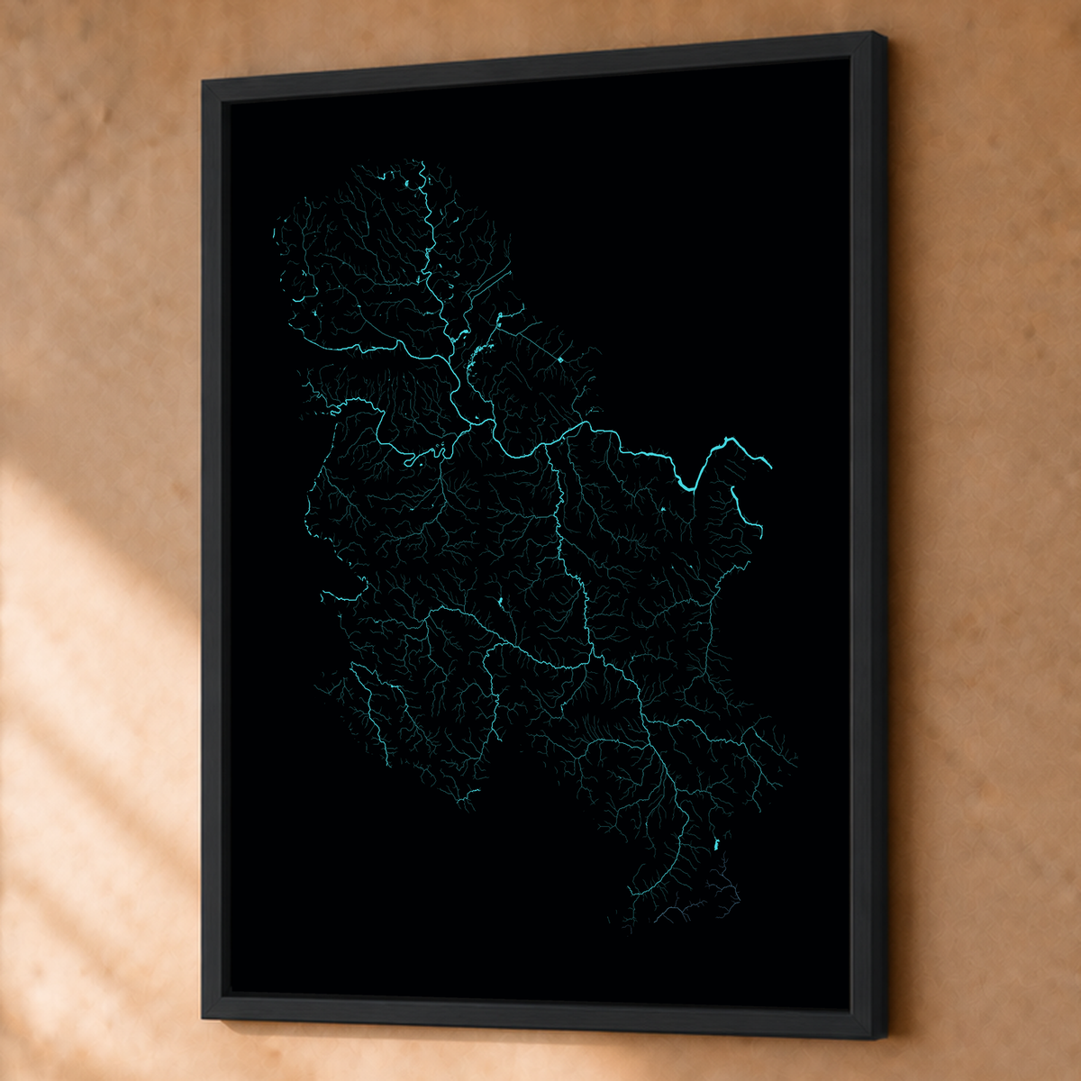 Beautiful Rivers — Sérvia — Neon hidrográfico, Fine art emoldurado · 60 × 80 cm, Preto · Sem margem