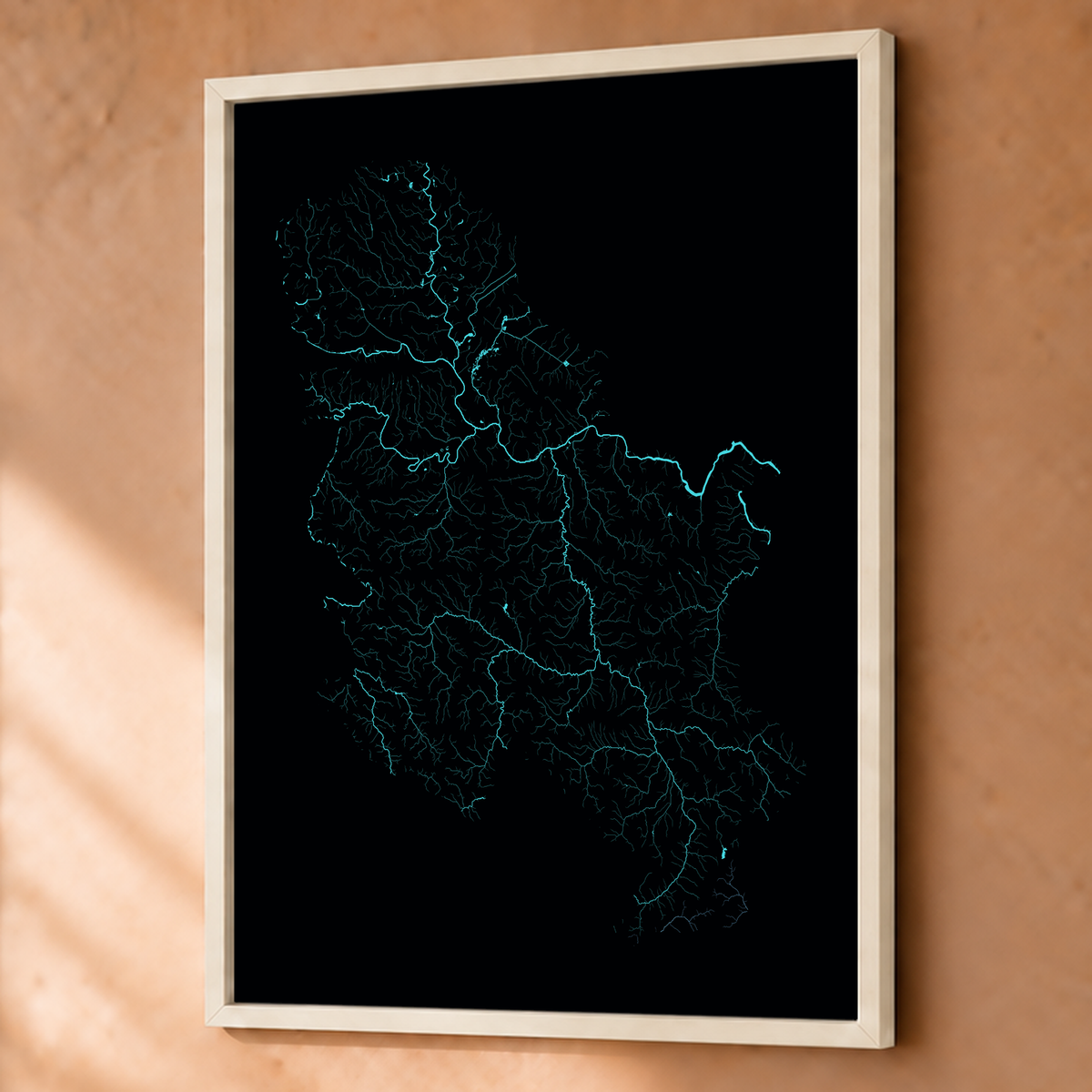 Beautiful Rivers — Sérvia — Neon hidrográfico, Fine art emoldurado · 60 × 80 cm, Branco · Sem margem