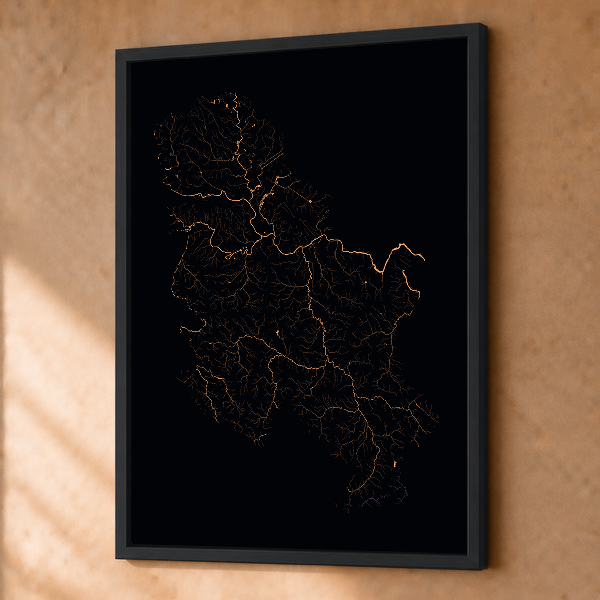 Beautiful Rivers — Sérvia — Neon por território, Fine art emoldurado · 45 × 60 cm, Preto · Sem margem