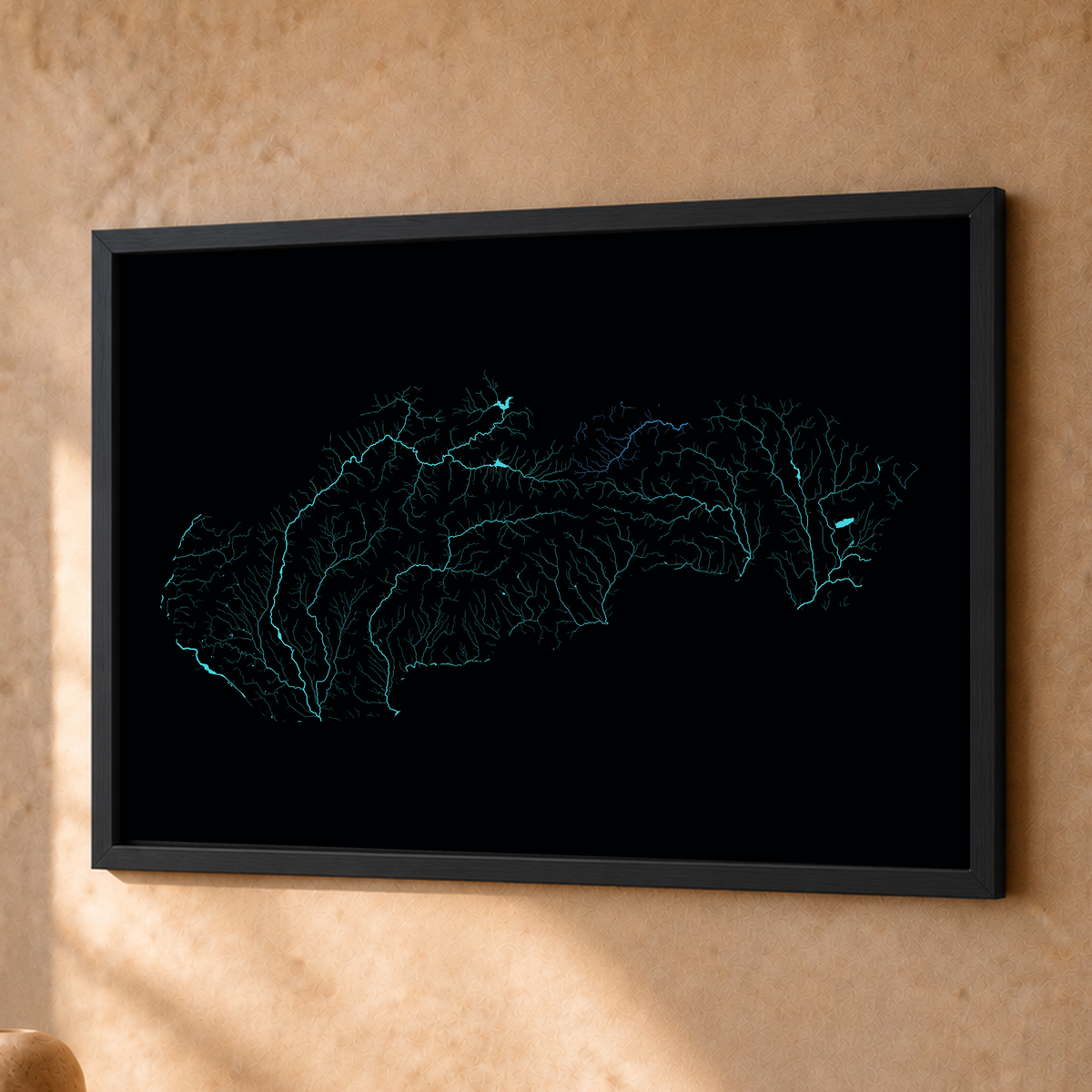 Beautiful Rivers — Eslováquia — Neon hidrográfico, Fine art emoldurado · 30 × 40 cm, Preto · Sem margem