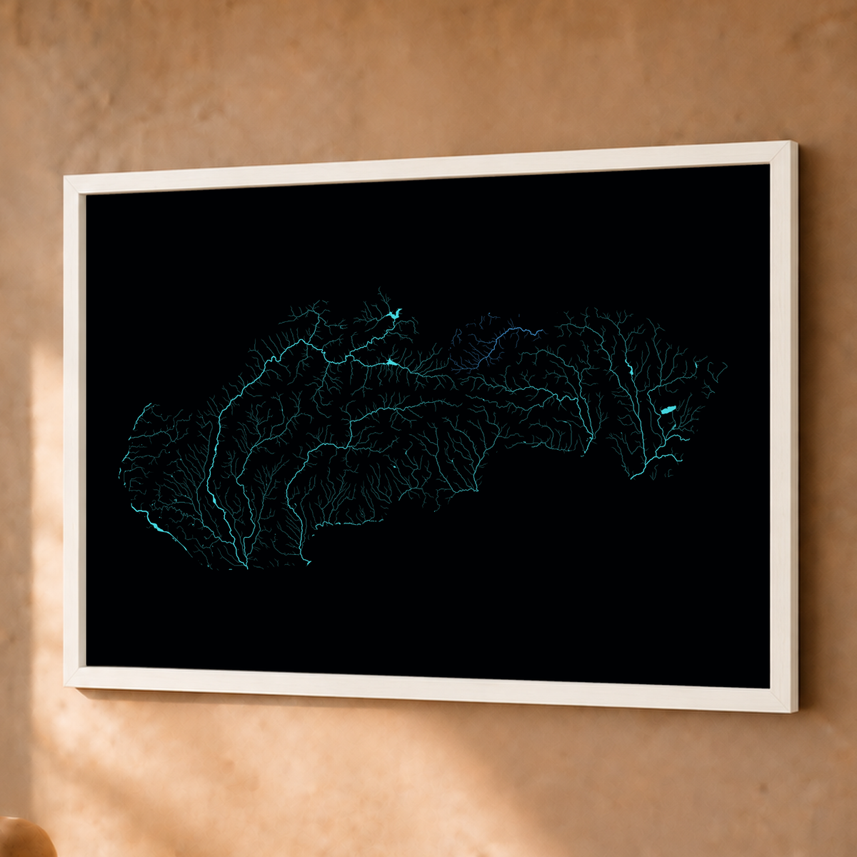 Beautiful Rivers — Eslováquia — Neon hidrográfico, Fine art emoldurado · 45 × 60 cm, Branco · Sem margem