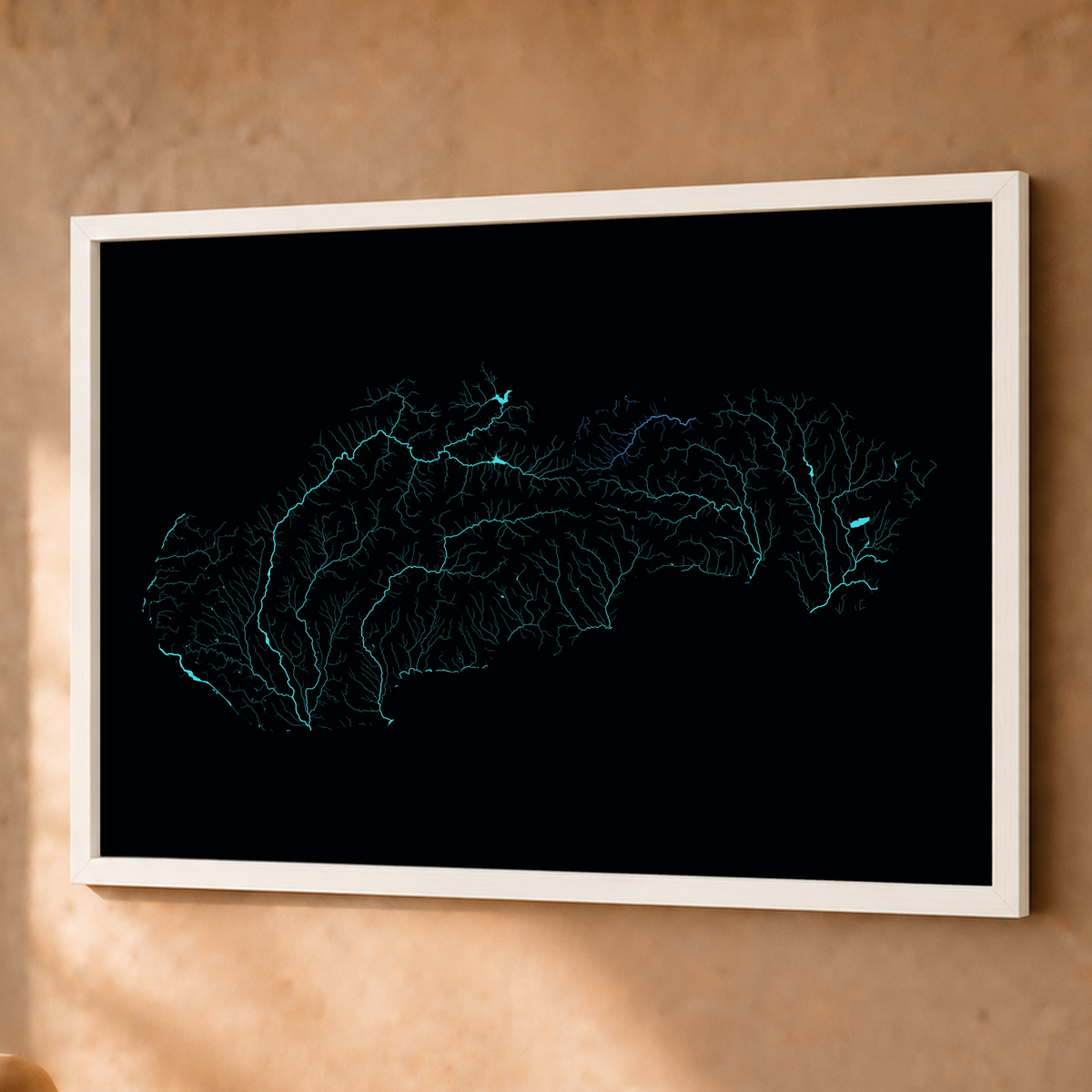 Beautiful Rivers — Eslováquia — Neon hidrográfico, Fine art emoldurado · 60 × 80 cm, Branco · Sem margem