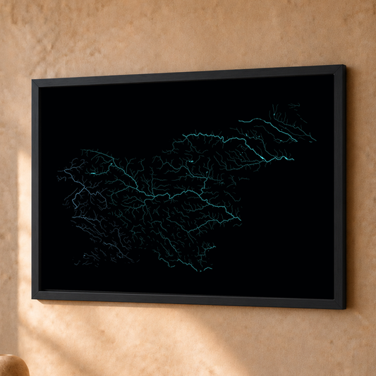 Beautiful Rivers — Eslovénia — Neon hidrográfico, Fine art emoldurado · 30 × 40 cm, Preto · Sem margem