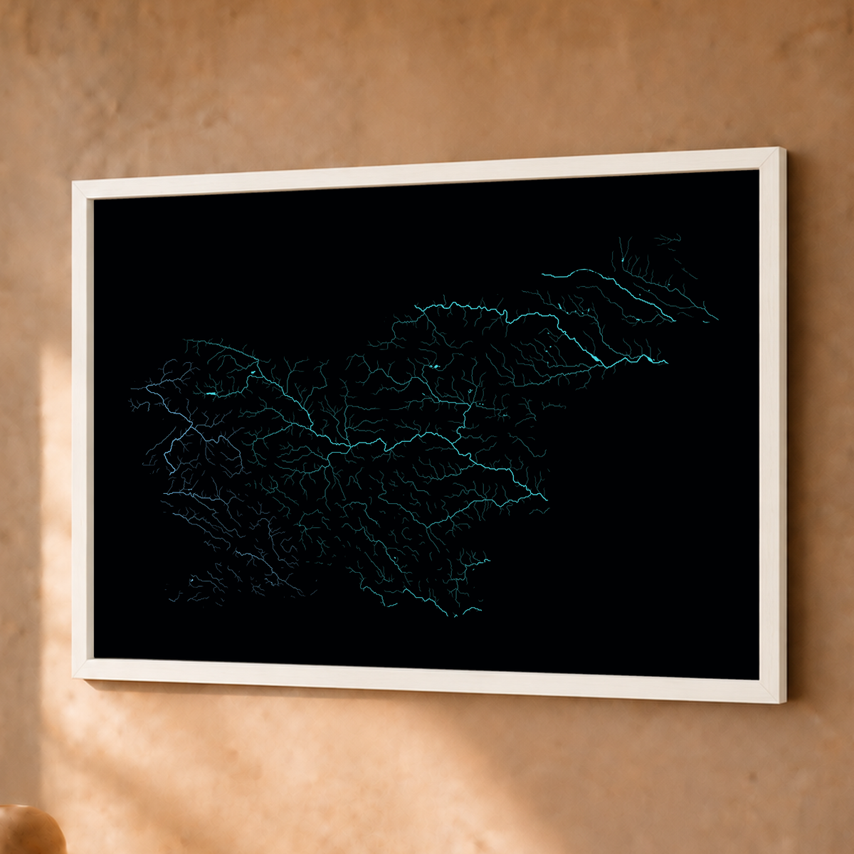 Beautiful Rivers — Eslovénia — Neon hidrográfico, Fine art emoldurado · 30 × 40 cm, Branco · Sem margem