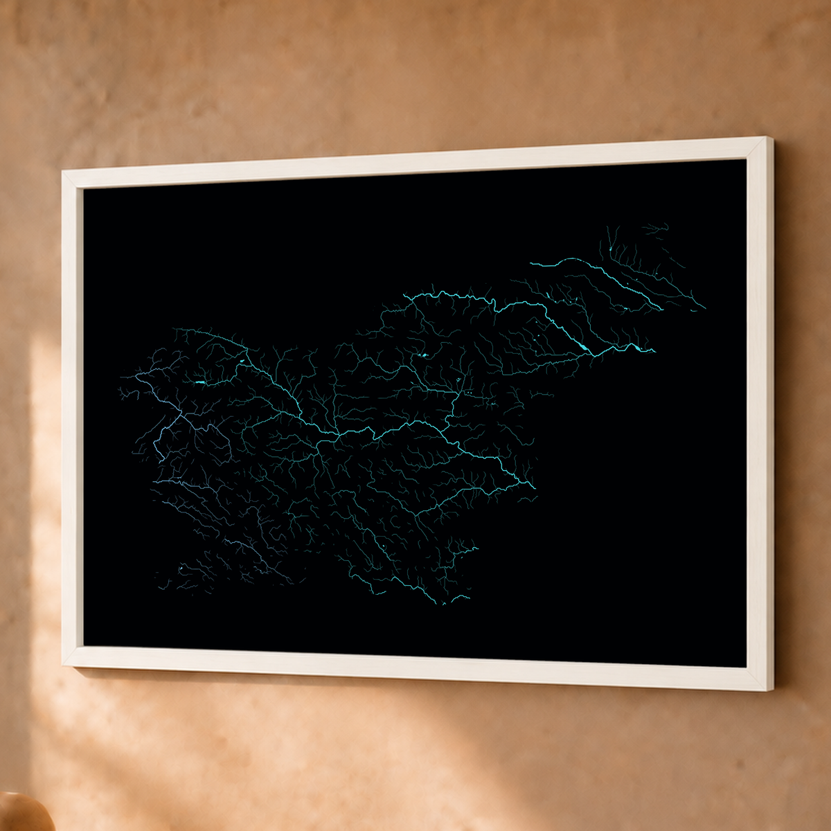 Beautiful Rivers — Eslovénia — Neon hidrográfico, Fine art emoldurado · 45 × 60 cm, Branco · Sem margem