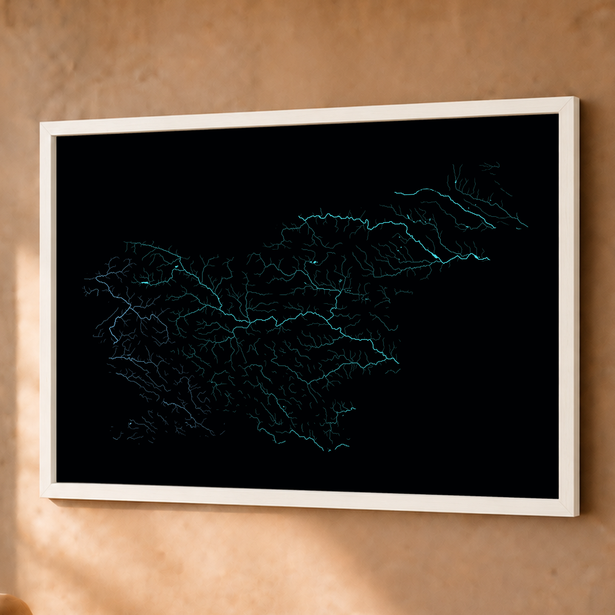 Beautiful Rivers — Eslovénia — Neon hidrográfico, Fine art emoldurado · 60 × 80 cm, Branco · Sem margem