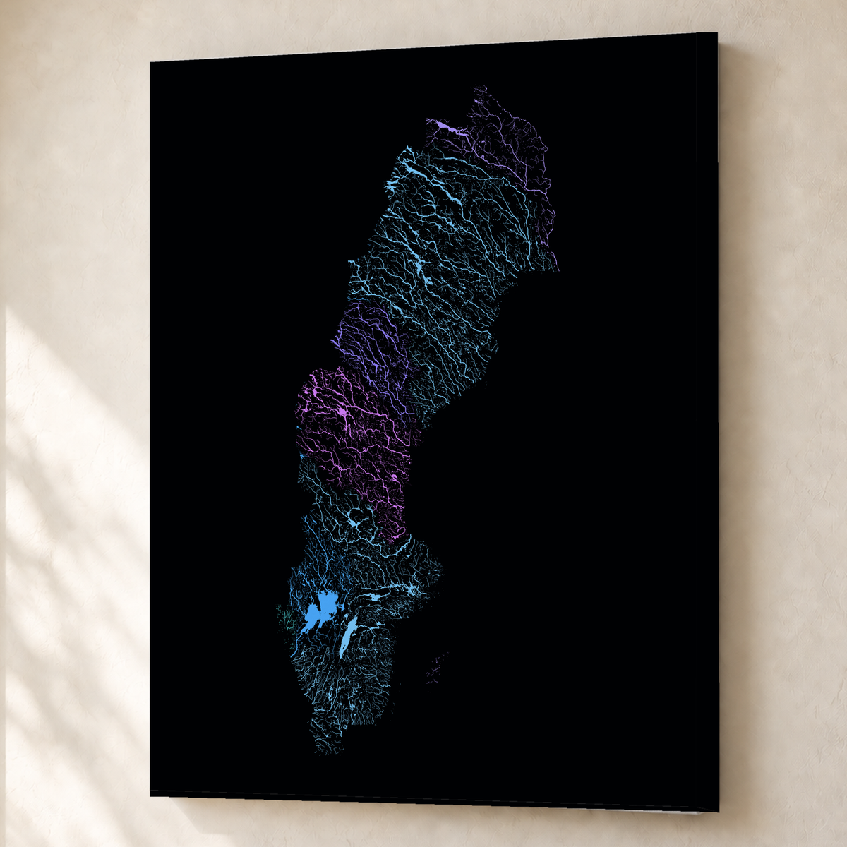 Beautiful Rivers — Suécia — Neon hidrográfico, Canvas · 60 × 80 cm, Sem margem