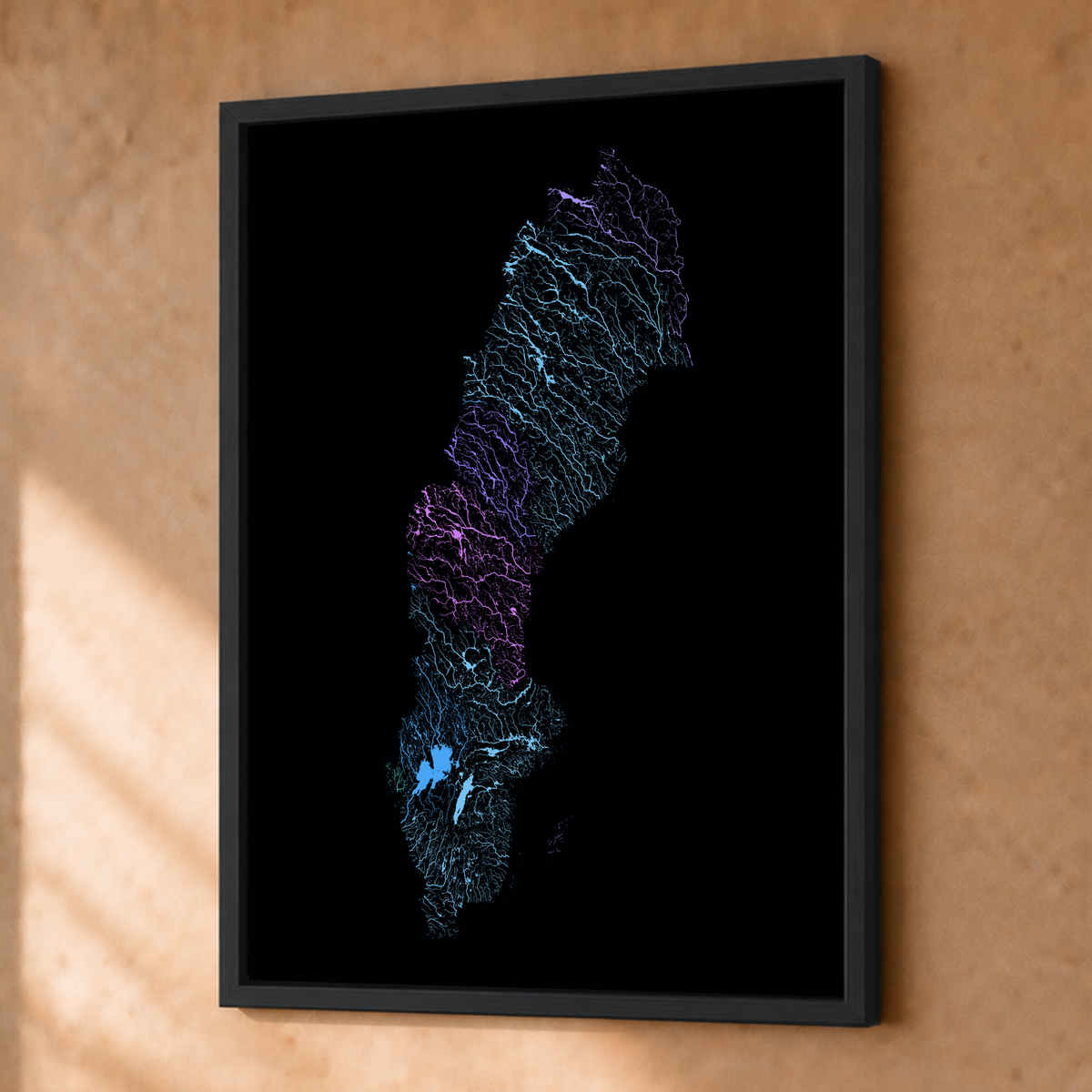 Beautiful Rivers — Suécia — Neon hidrográfico, Fine art emoldurado · 30 × 40 cm, Preto · Sem margem