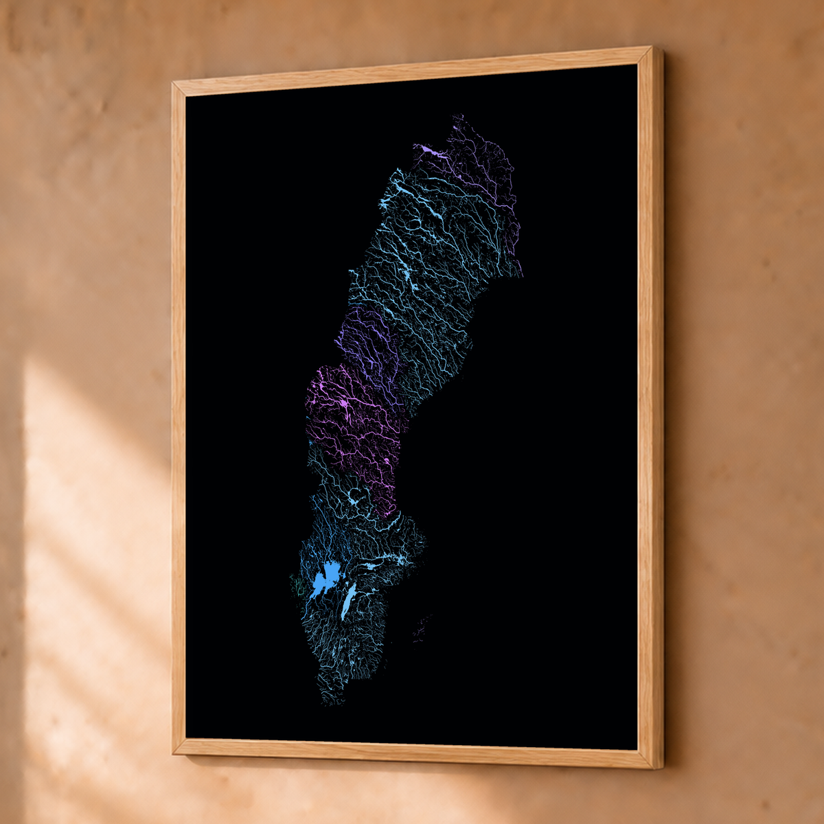 Beautiful Rivers — Suécia — Neon hidrográfico, Fine art emoldurado · 30 × 40 cm, Natural · Sem margem