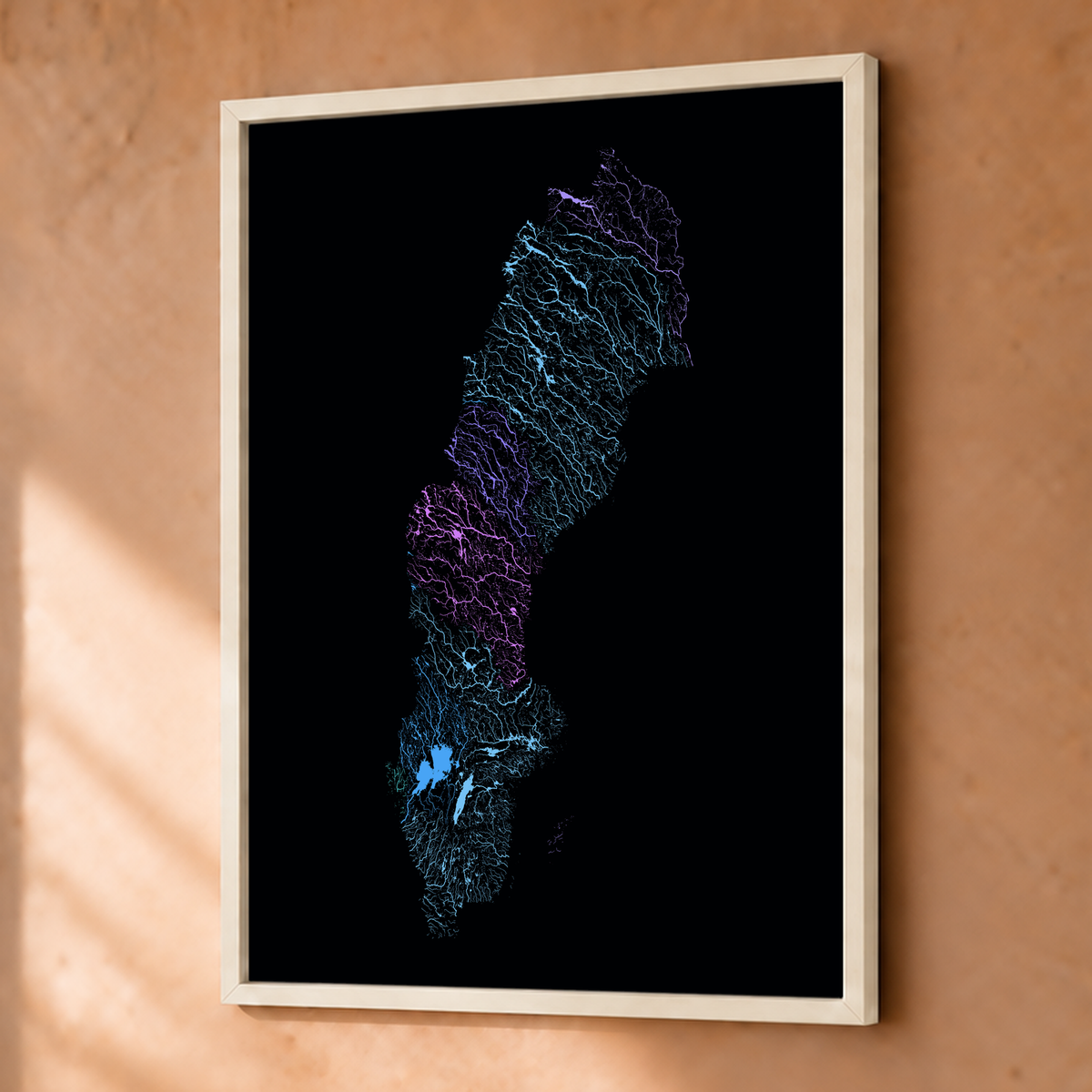 Beautiful Rivers — Suécia — Neon hidrográfico, Fine art emoldurado · 30 × 40 cm, Branco · Sem margem