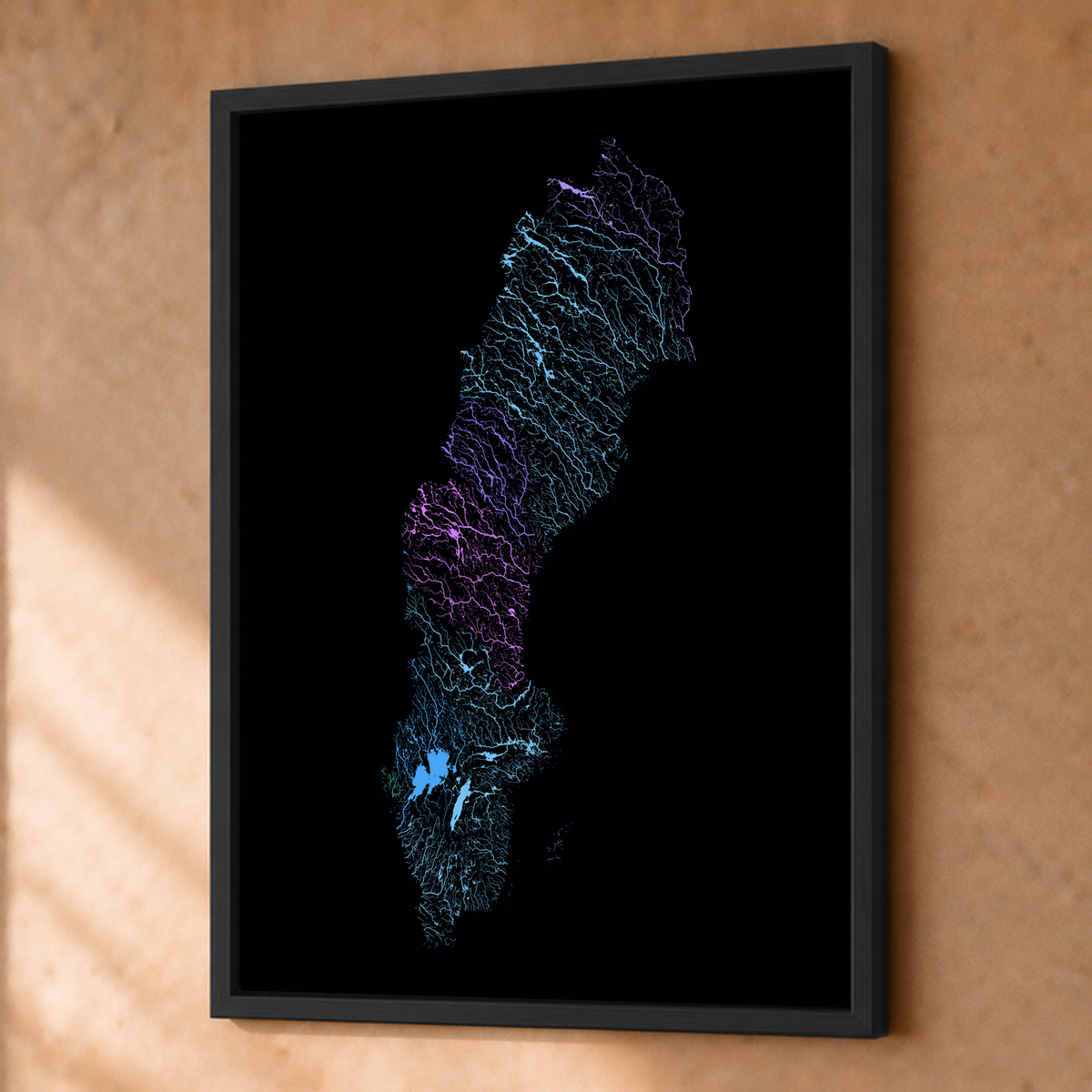 Beautiful Rivers — Suécia — Neon hidrográfico, Fine art emoldurado · 45 × 60 cm, Preto · Sem margem